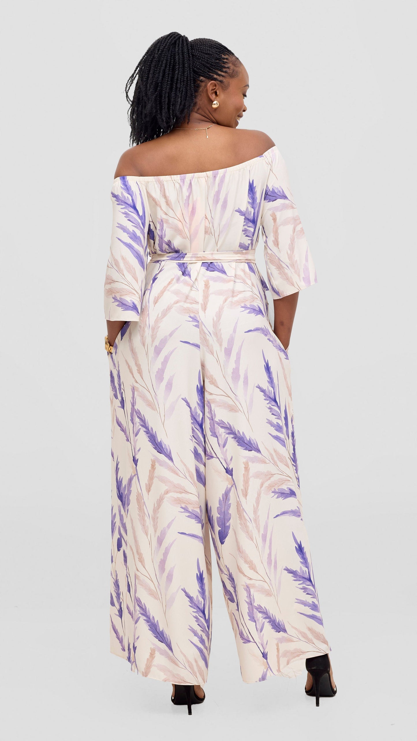 Vivo Zahari 3/4 Sleeve Off Shoulder Jumpsuit - Purple / Cream Rubi Print