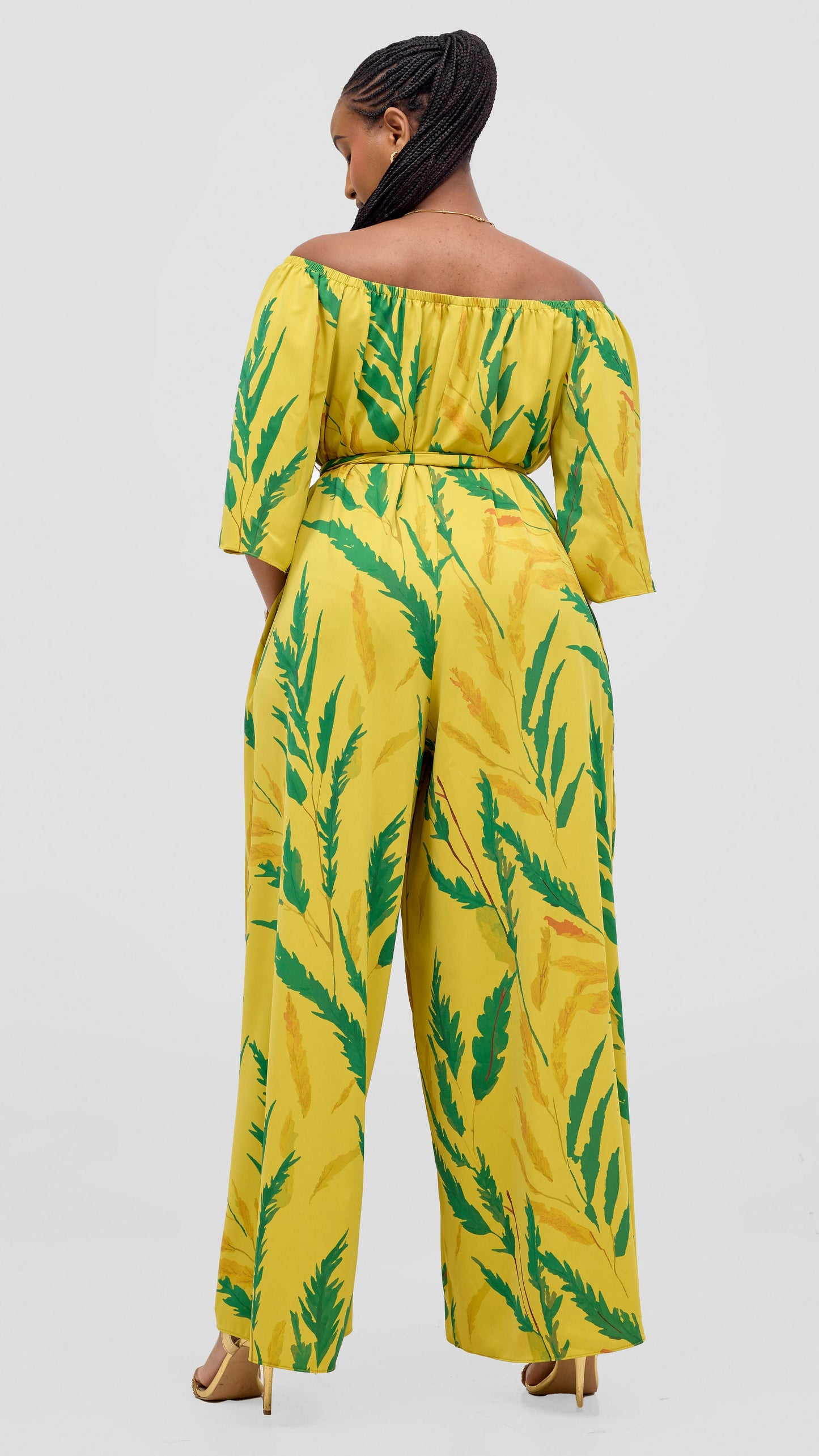 Vivo Zahari 3/4 Sleeve Off Shoulder Jumpsuit - Green / Mustard Rubi Print