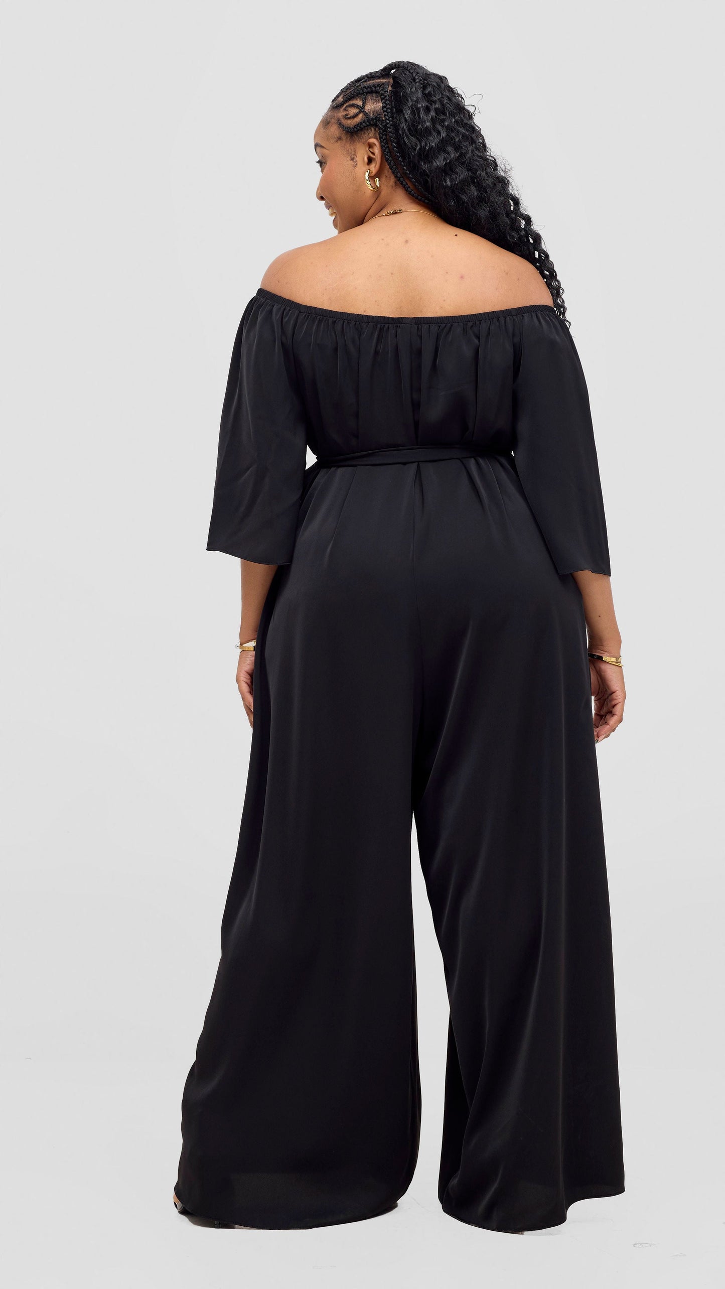 Vivo Zahari 3/4 Sleeve Off-Shoulder Jumpsuit - Black