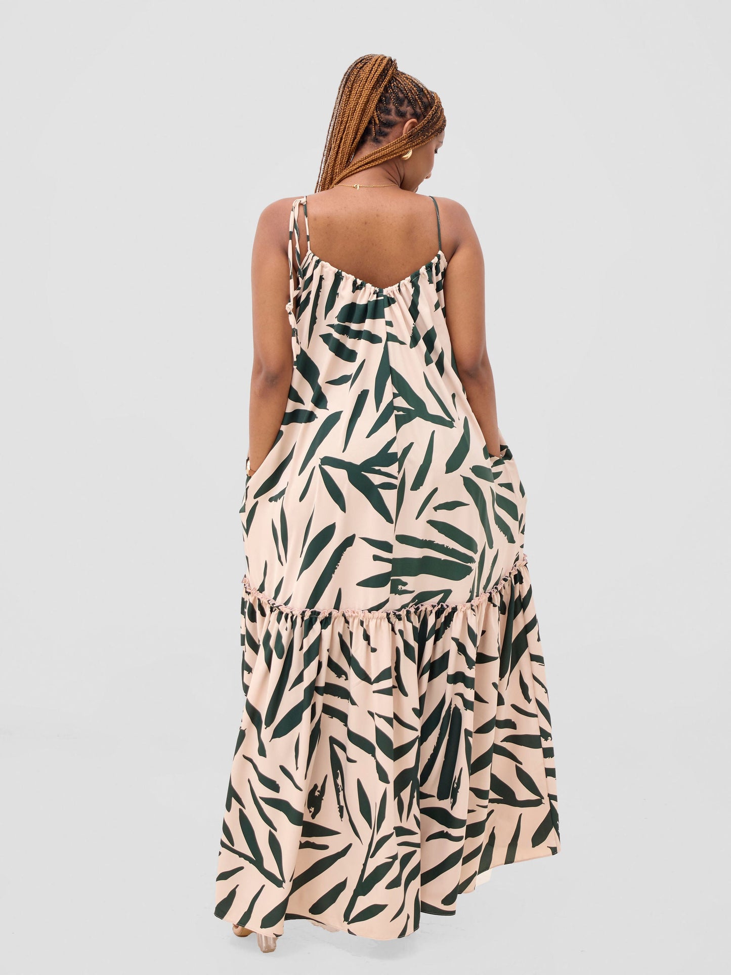 Vivo Sarabi Strappy Flounce Maxi Dress - Cream / Dark Green Mtelo Print
