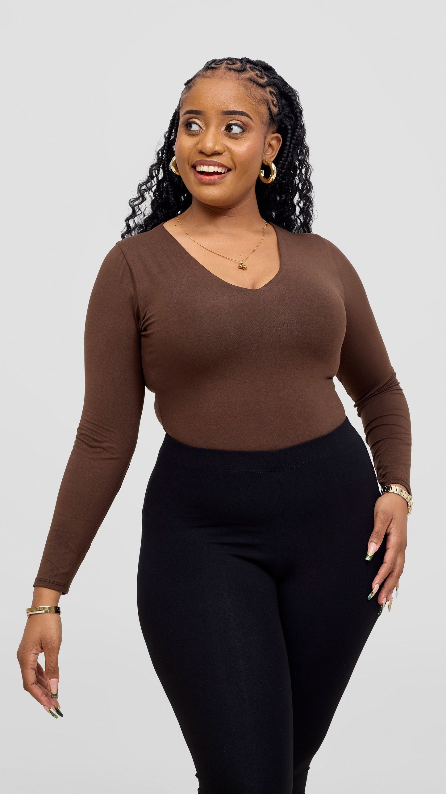 Vivo Everyday Long Sleeved Double Layered Bodysuit - Chocolate Brown