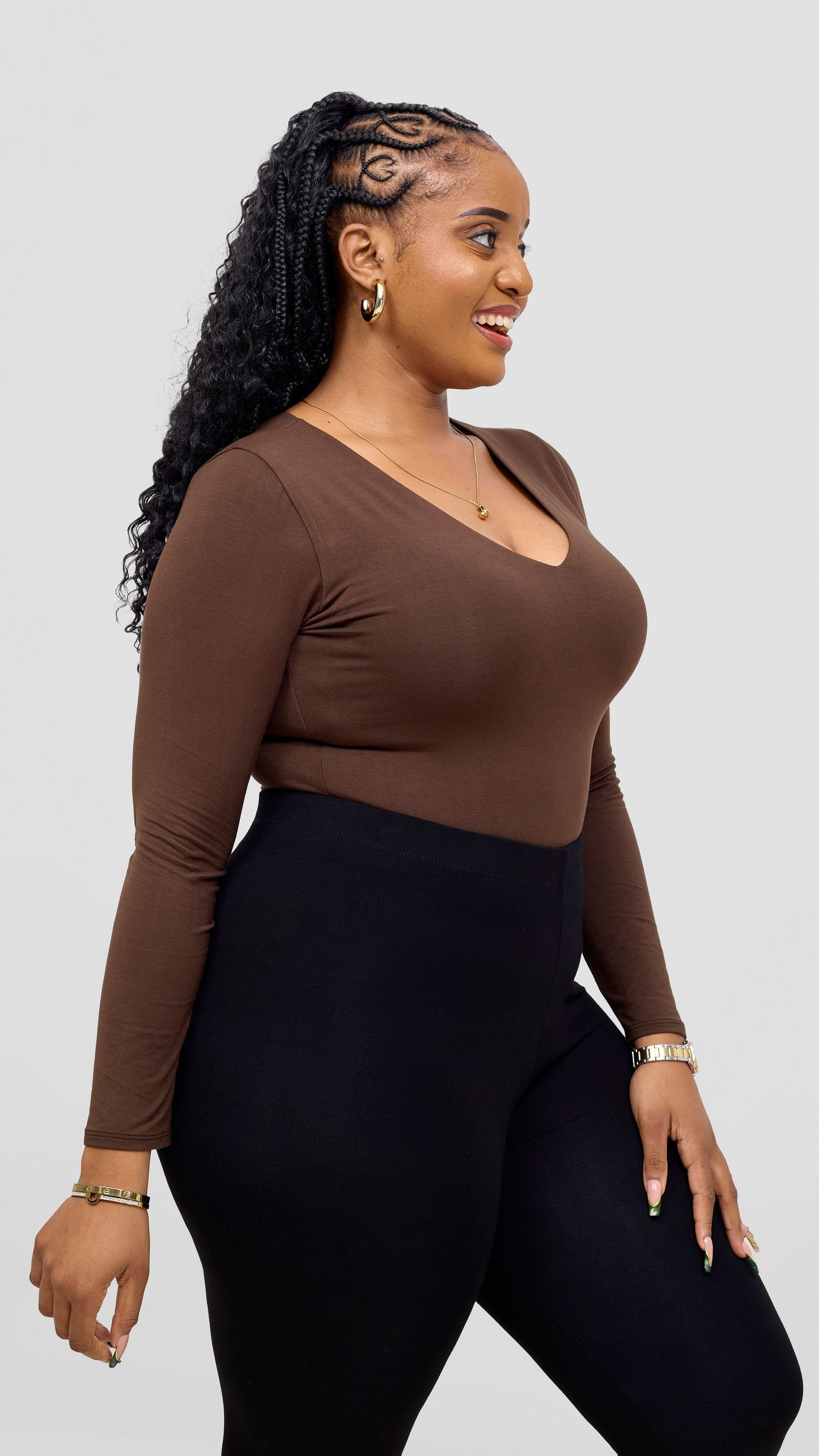 Vivo Everyday Long Sleeved Double Layered Bodysuit - Chocolate Brown