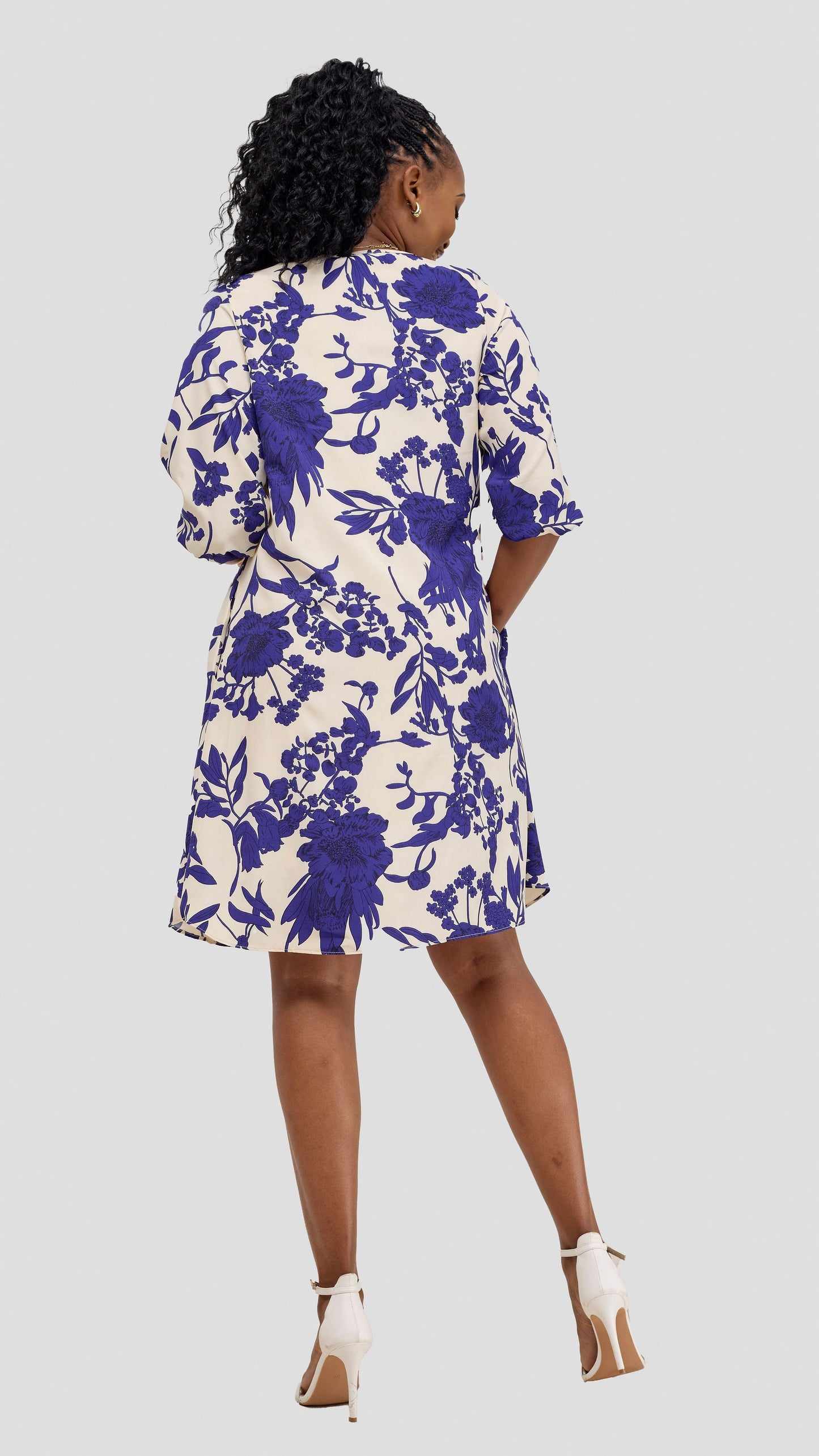 Vivo Nala 3/4 Sleeve Tent Dress - Cream / Blue Print