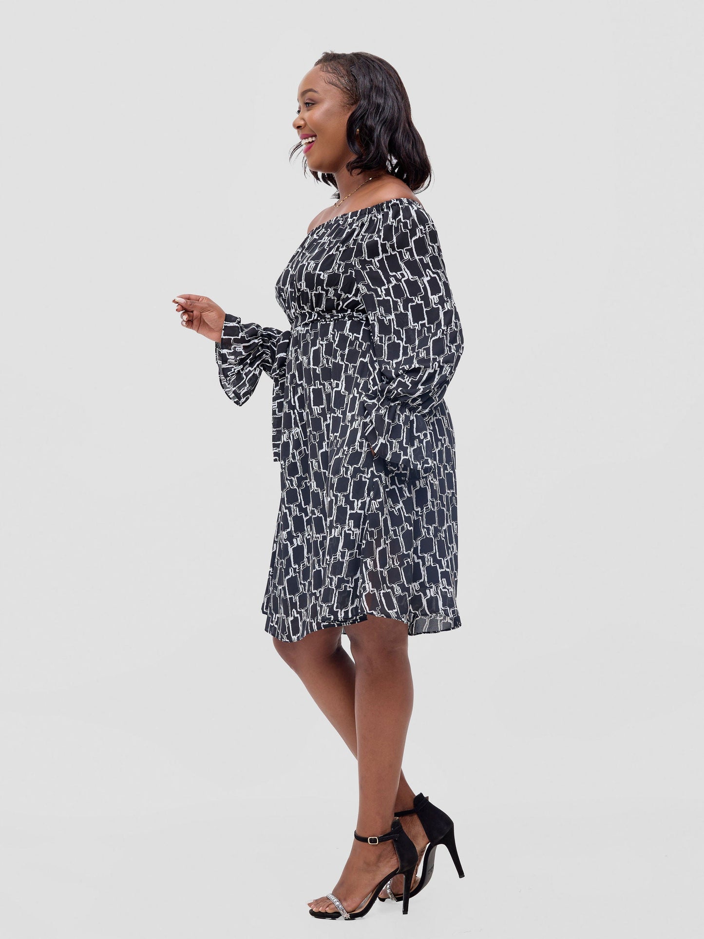 Vivo Jema Off Shoulder Tent Knee Length Dress - Black / White Print