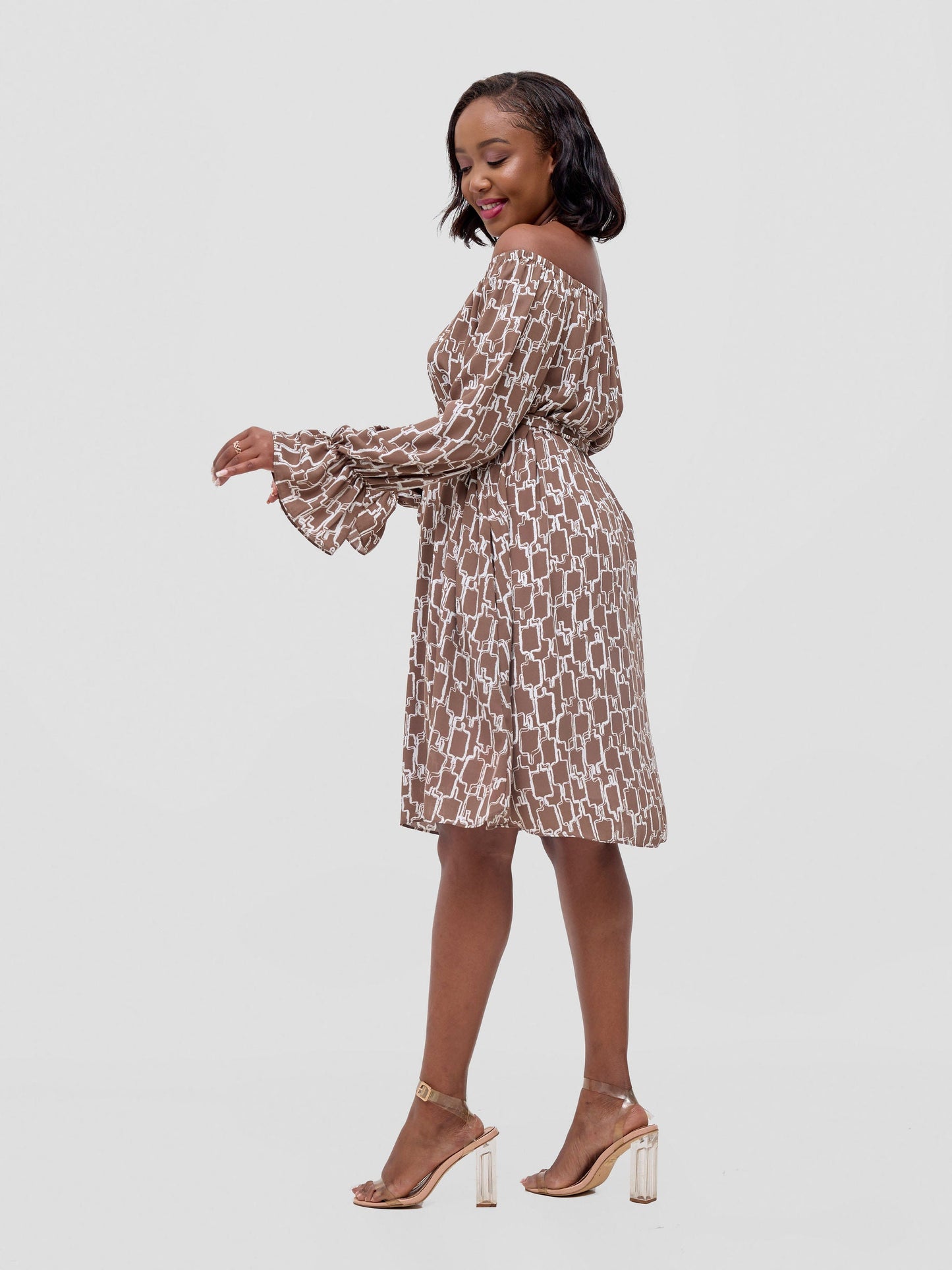 Vivo Jema Off Shoulder Tent Knee Length Dress - Brown / White Print