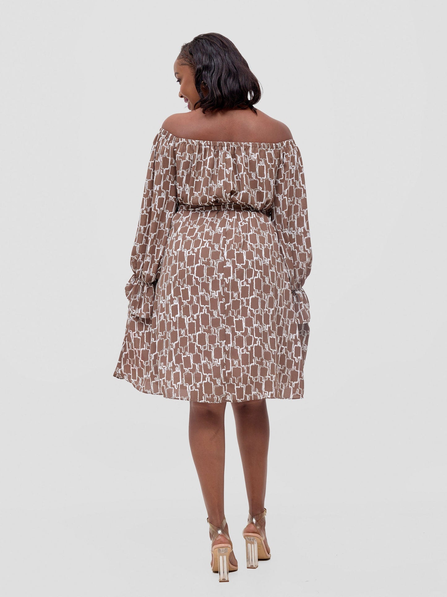 Vivo Jema Off Shoulder Tent Knee Length Dress - Brown / White Print