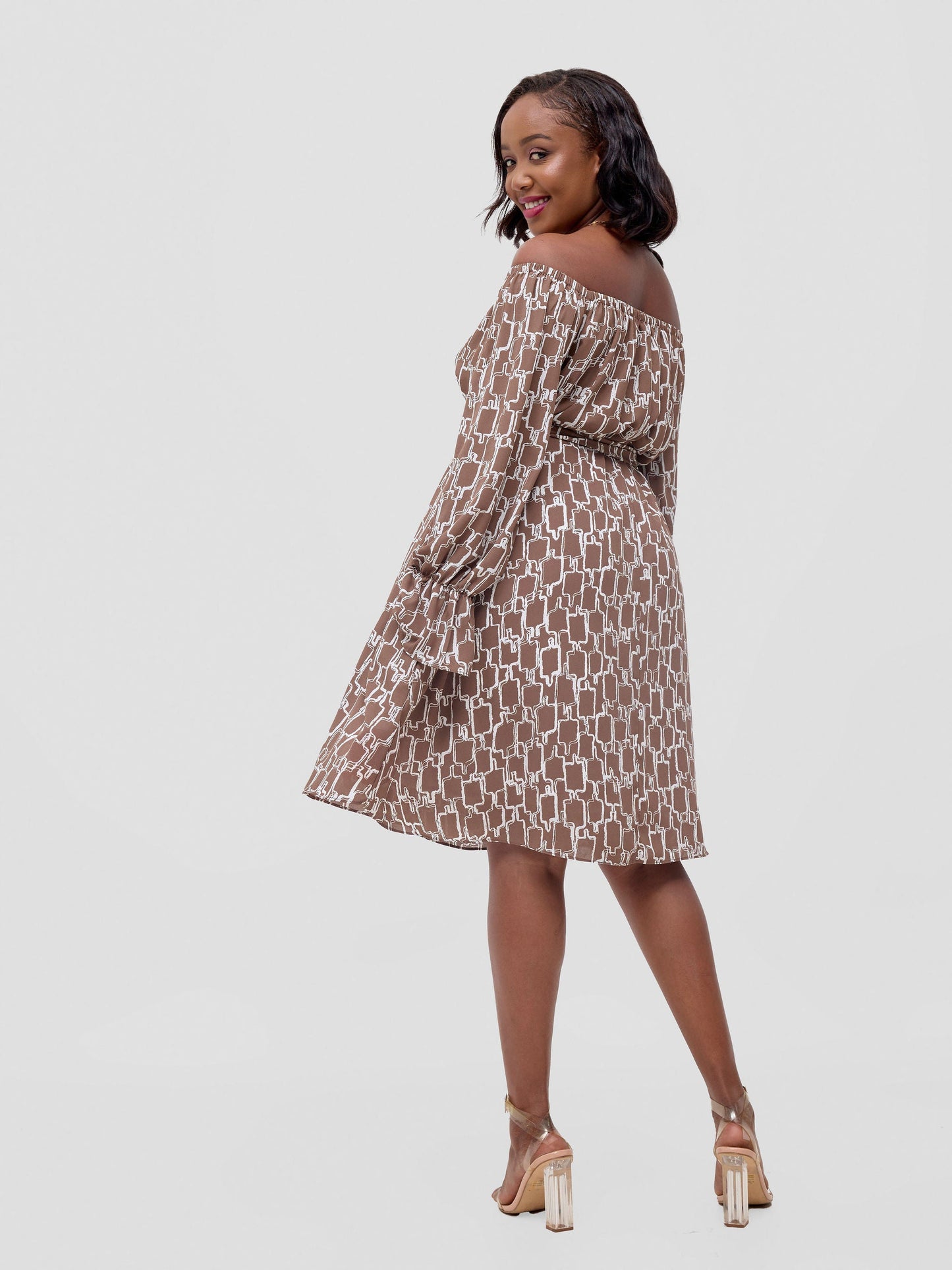 Vivo Jema Off Shoulder Tent Knee Length Dress - Brown / White Print