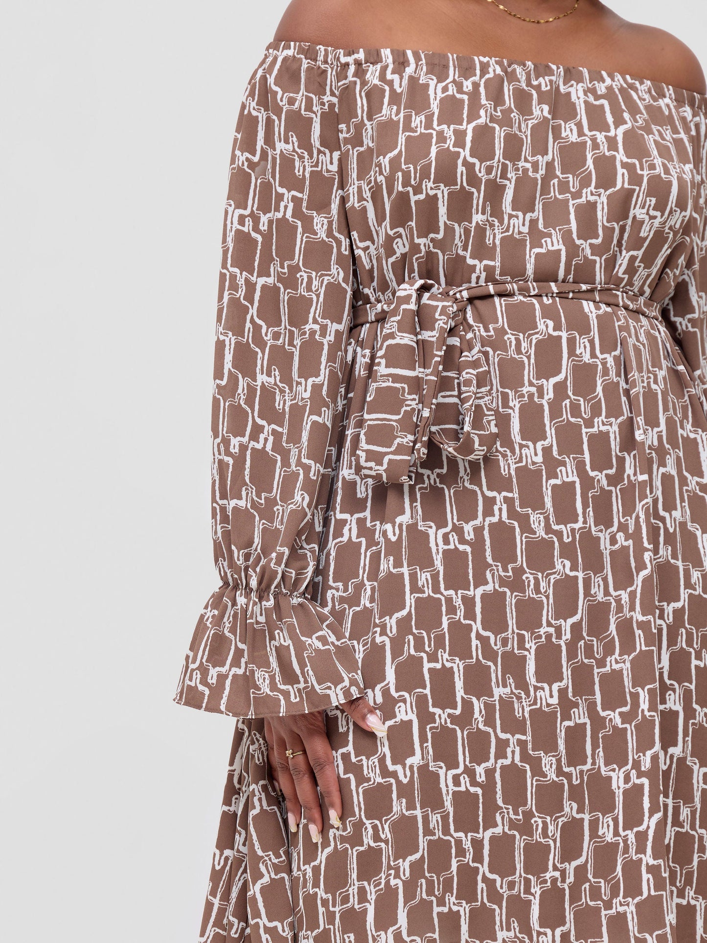 Vivo Jema Off Shoulder Tent Knee Length Dress - Brown / White Print