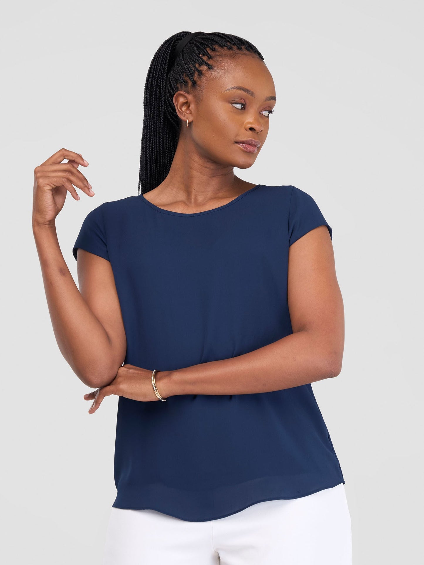 Vivo Basic Chiffon Cap Sleeve Top (Double Layered) - Navy