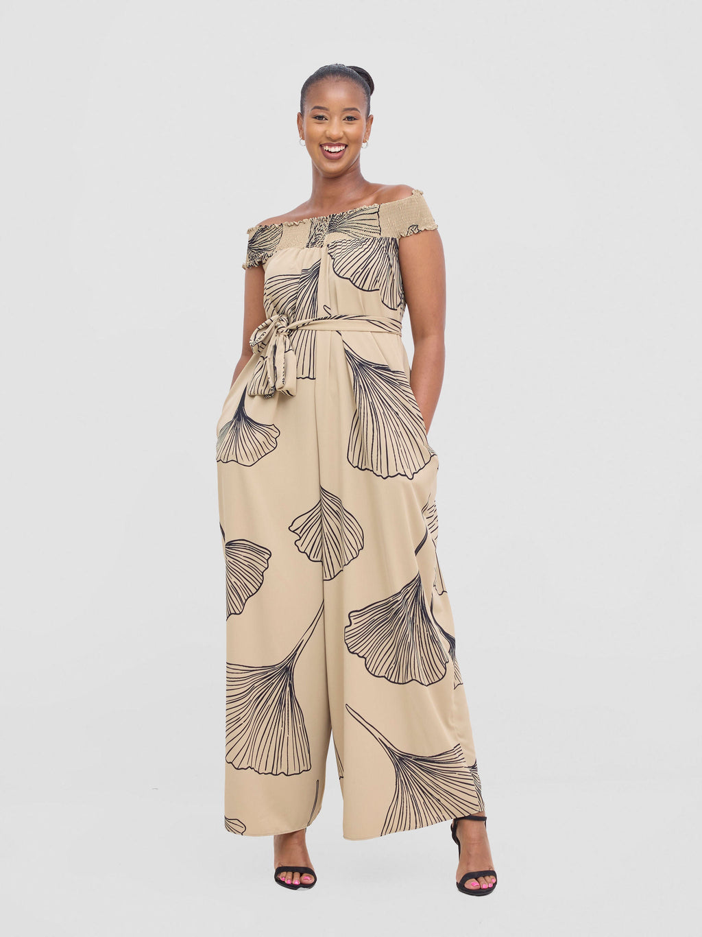 Vivo Alek Shirred Off- Shoulder Jumpsuit - Taupe / Black Haro Print