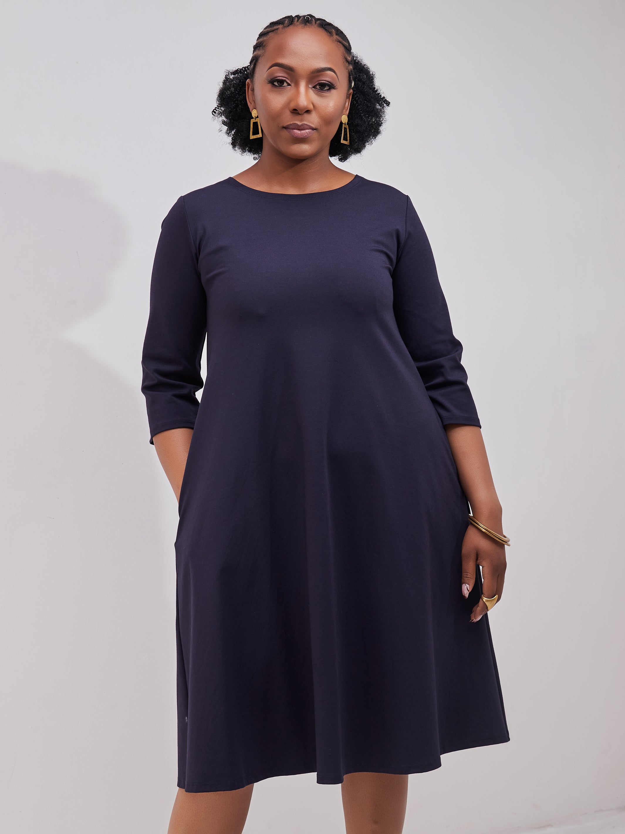 Vivo Basic 3/4 Sleeve Kena Tent Knee Length Dress - Navy Blue