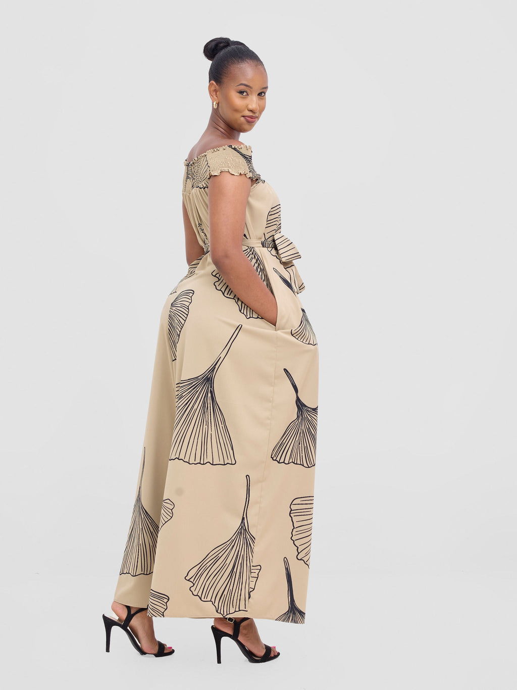 Vivo Alek Shirred Off- Shoulder Jumpsuit - Taupe / Black Haro Print