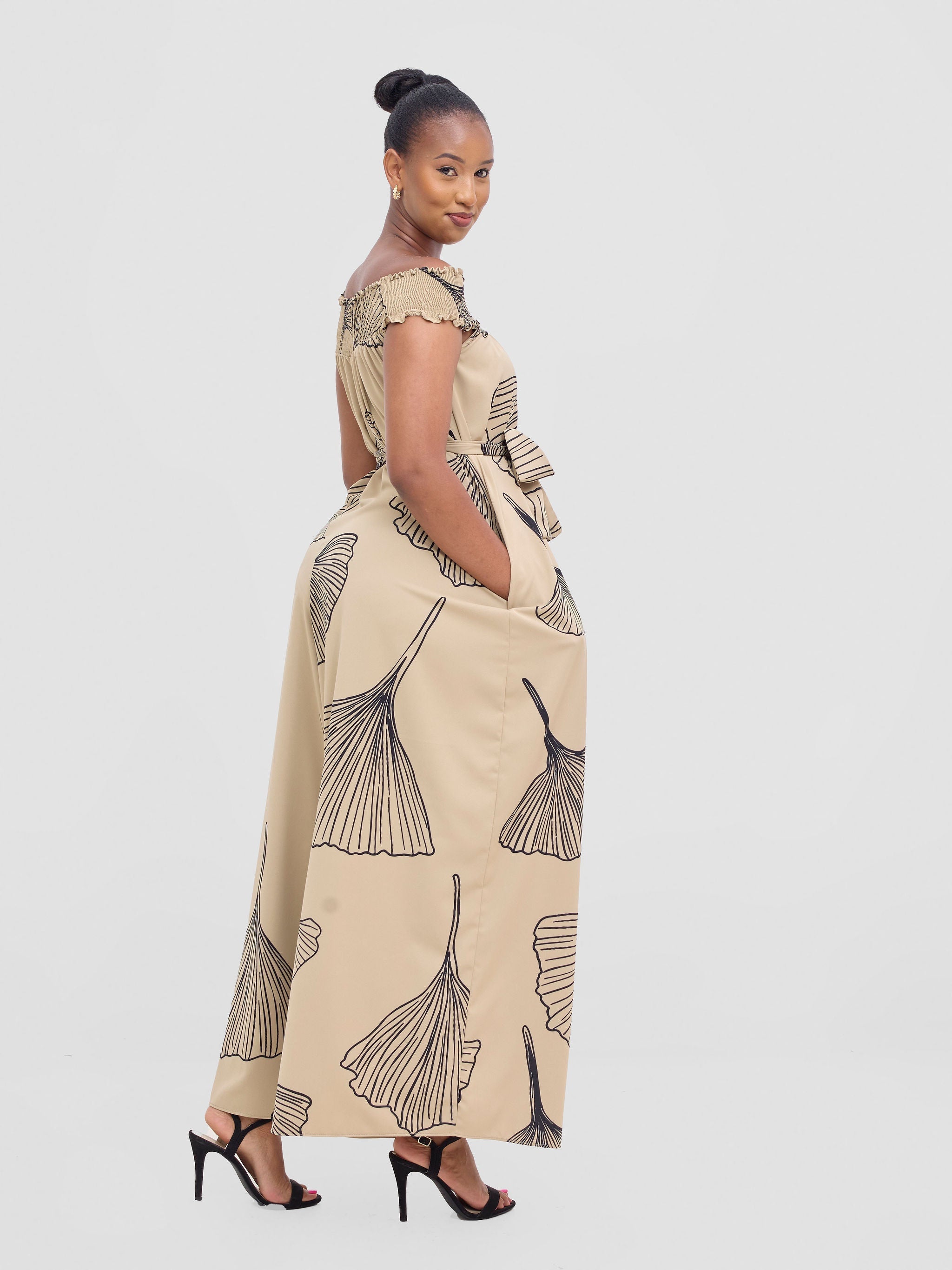 Vivo Alek Shirred Off- Shoulder Jumpsuit - Taupe / Black Haro Print