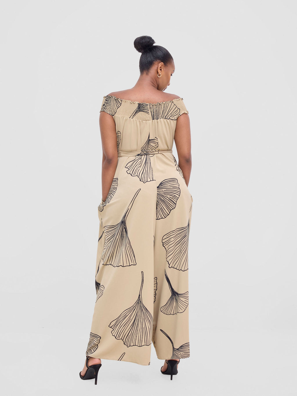 Vivo Alek Shirred Off- Shoulder Jumpsuit - Taupe / Black Haro Print