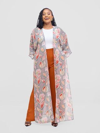 Vivo Basic Nandi High Slit Kimono -  Grey / Pink Print