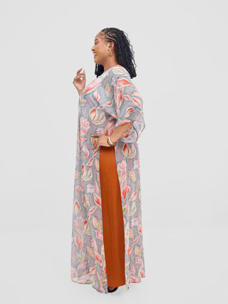 Vivo Basic Nandi High Slit Kimono -  Grey / Pink Print