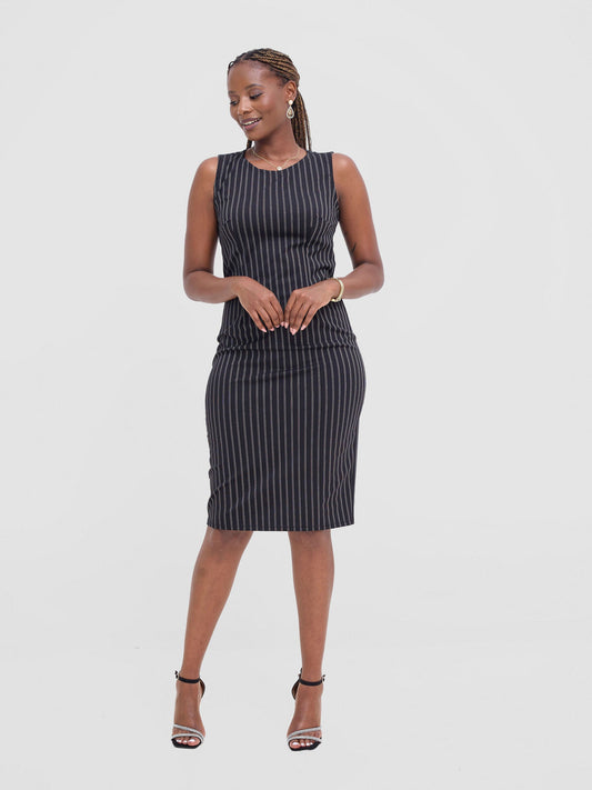 Vivo Paji Round Neck Sheath Dress - Black / White Stripes