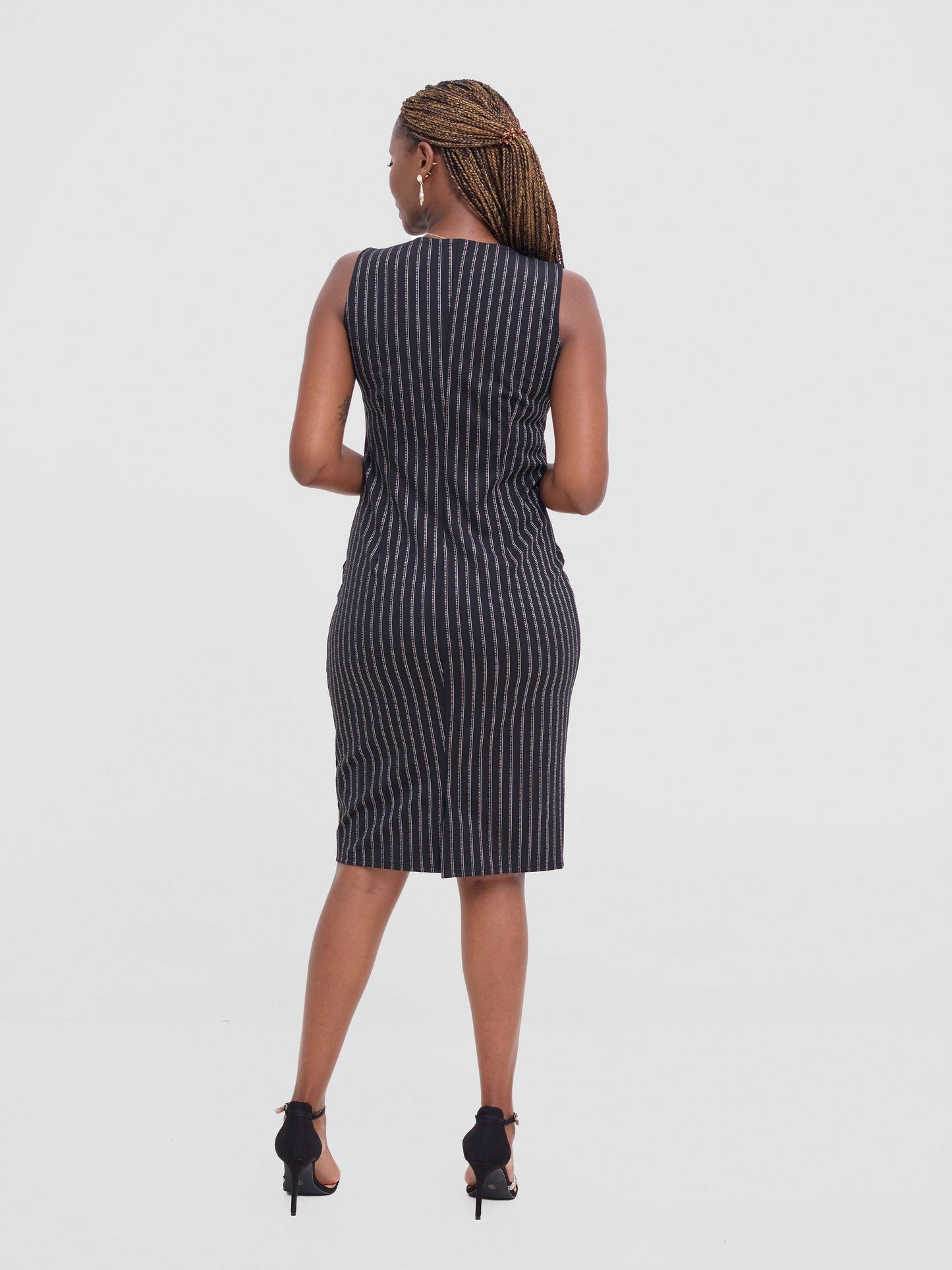 Vivo Paji Round Neck Sheath Dress - Black / White Stripes