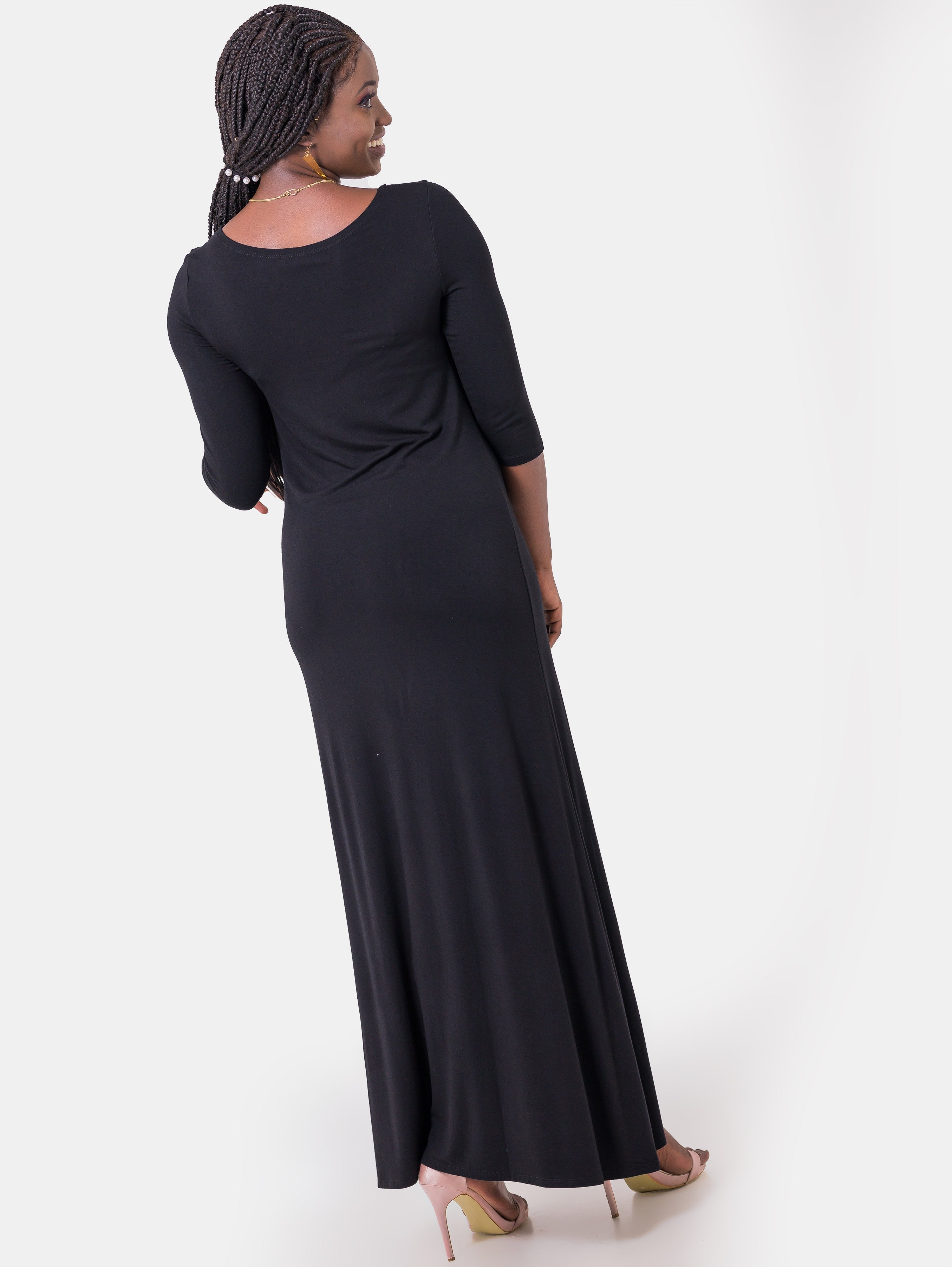 Vivo Basic 3/4 Sleeve A-Line Maxi Dress - Black