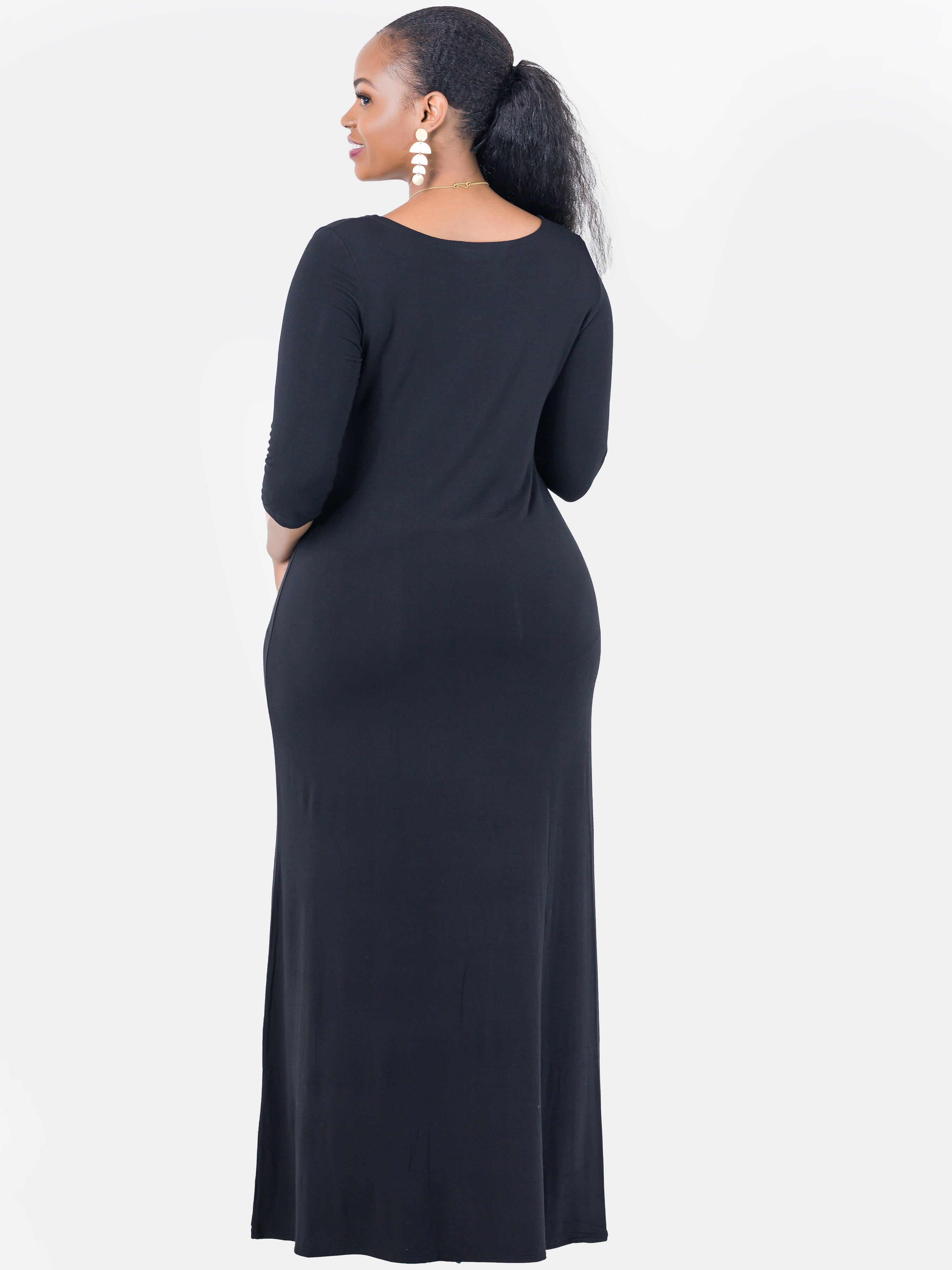 Vivo Basic 3/4 Sleeve A-Line Maxi Dress - Black