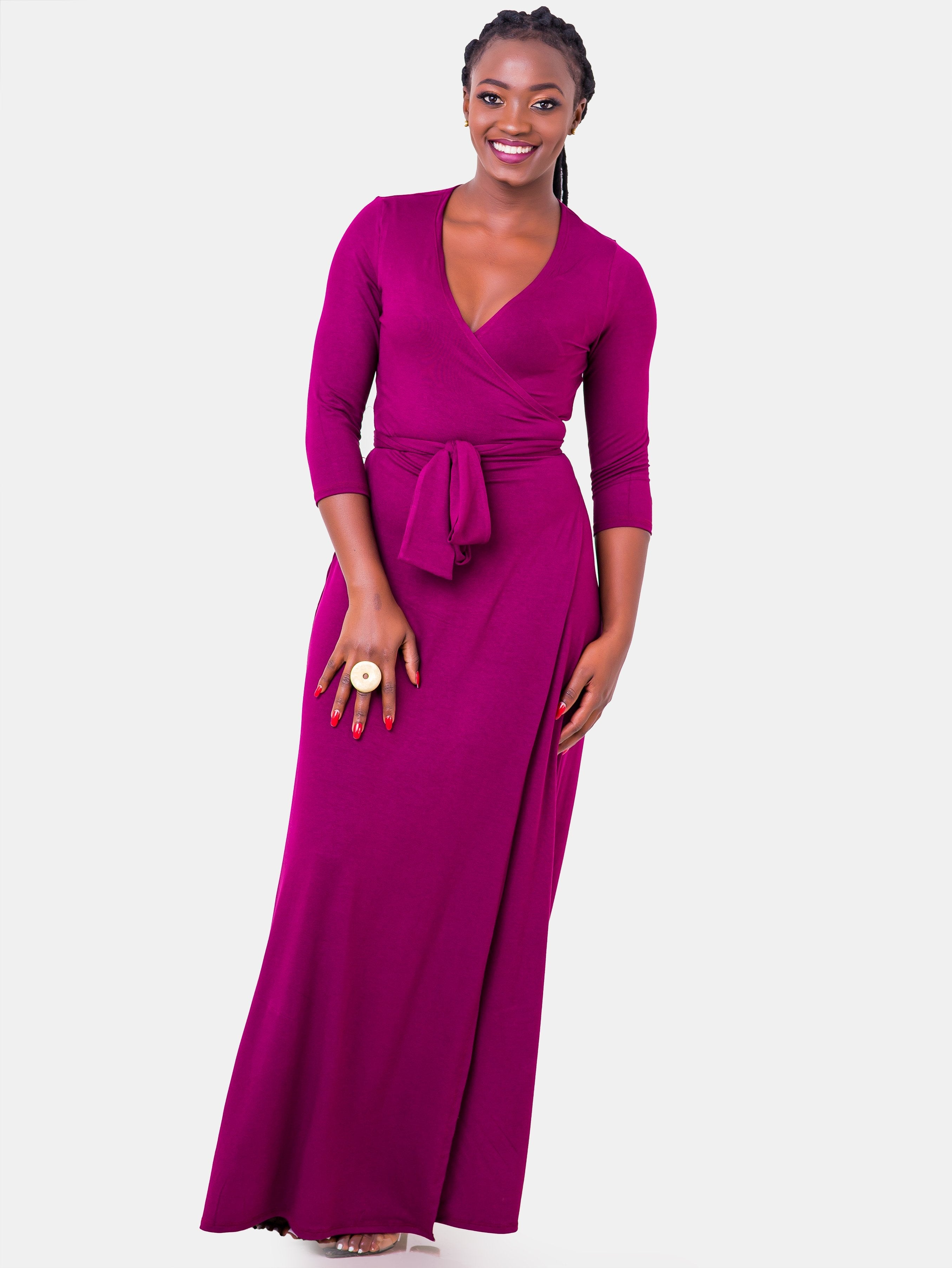 Vivo 3/4 Sleeve A-Line Wrap Maxi Dress - Burgundy - Shop Zetu