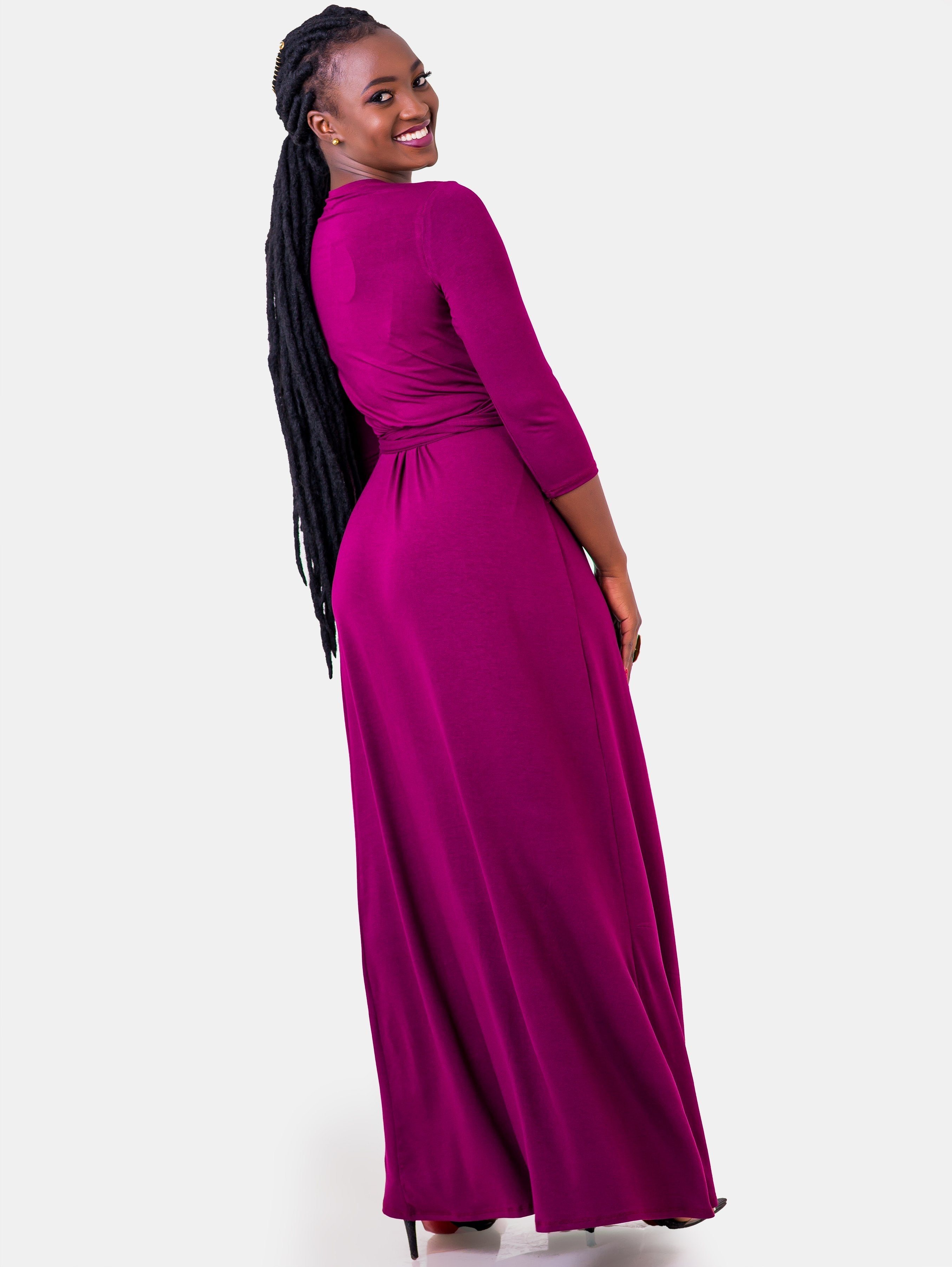 Vivo 3/4 Sleeve A-Line Wrap Maxi Dress - Burgundy - Shop Zetu