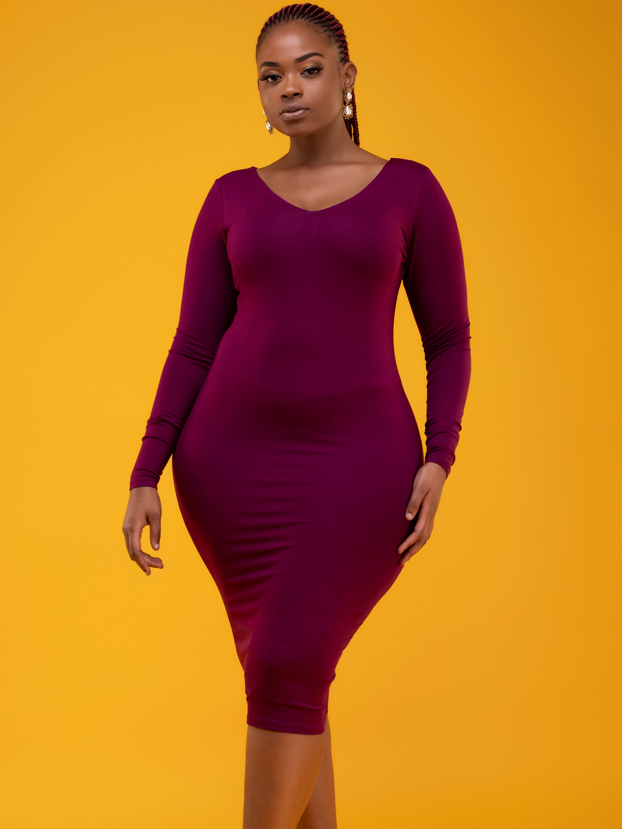 Vivo Basic Long Sleeved Double Layered Bodycon - Burgundy