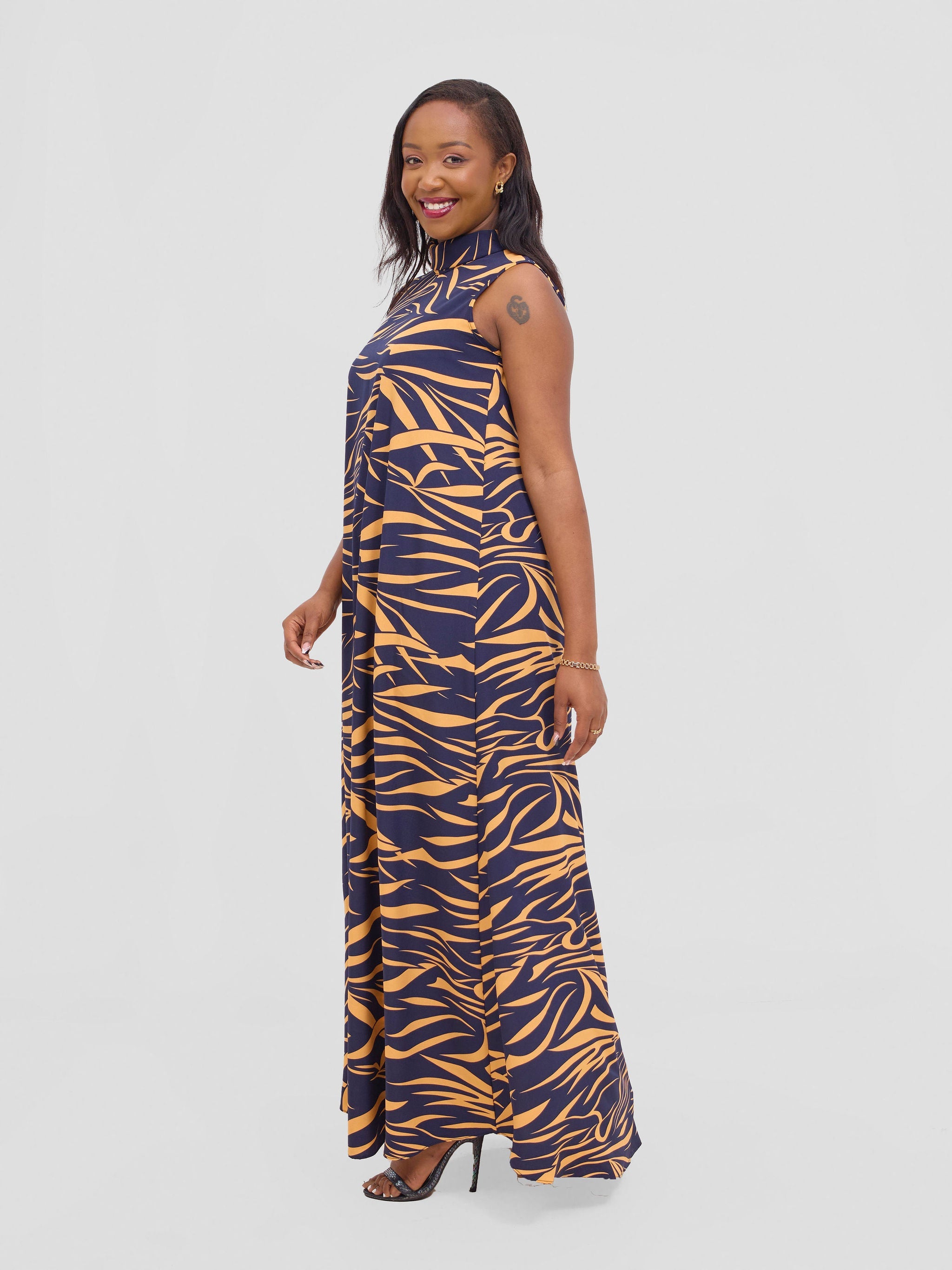 Vivo Bissa Reversible Maxi Dress - Navy / Orange Print