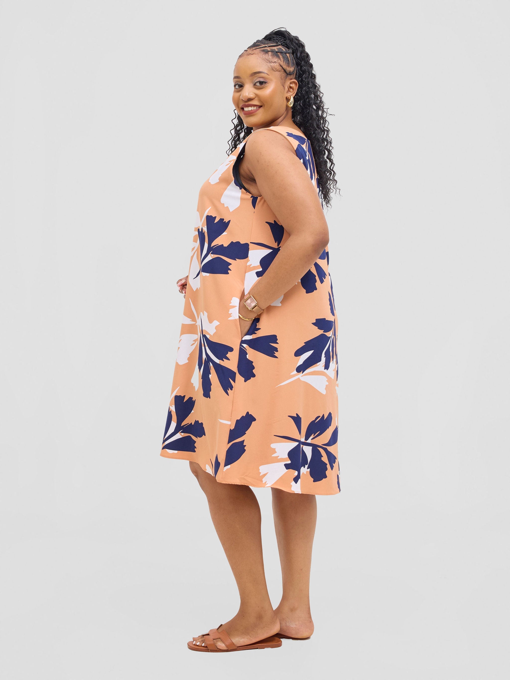 Vivo Ava Front Pleat Knee Length Dress - Peach / White Print