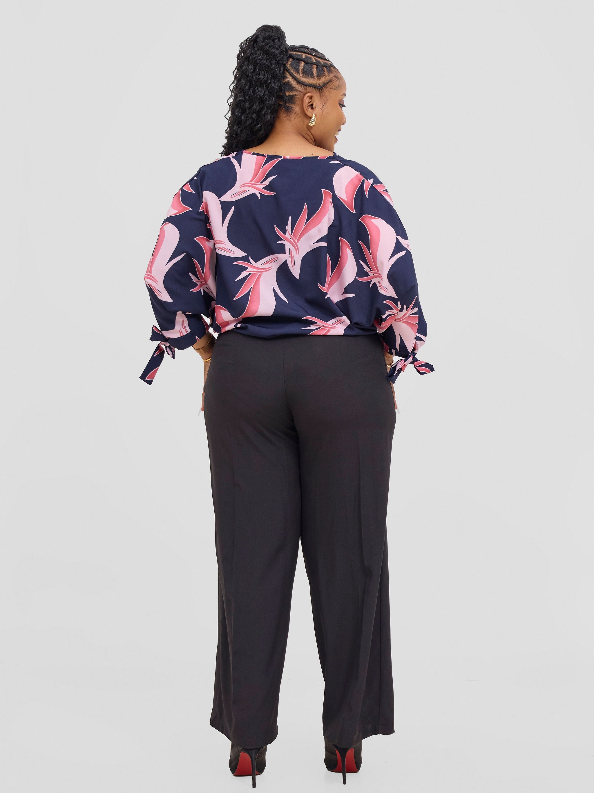 Vivo Sanali Batwing Tie Top -  Navy Blush Pink Print