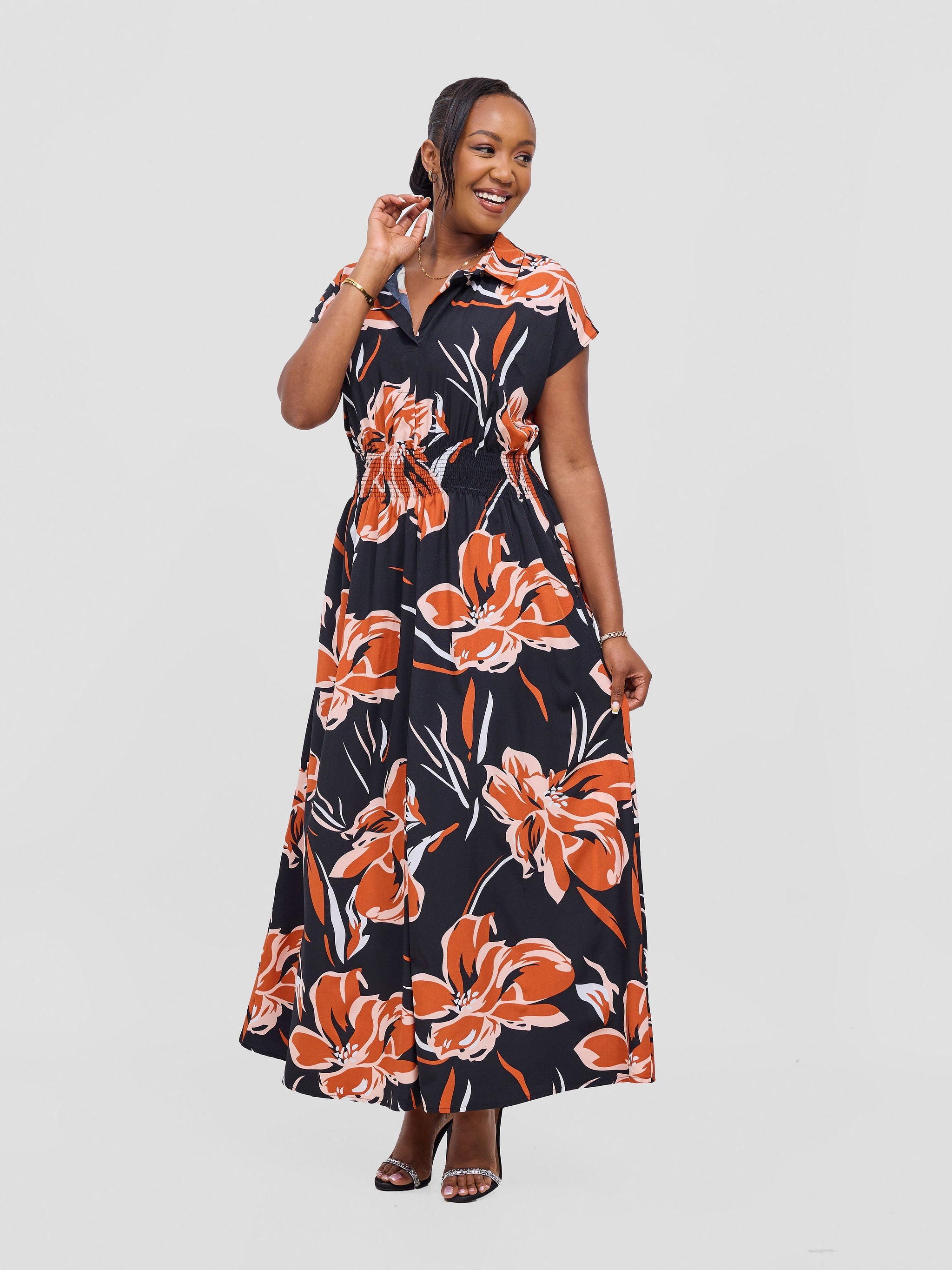 Vivo Zena Shirred Waist Maxi Shirt Dress - Rust Jazah Print