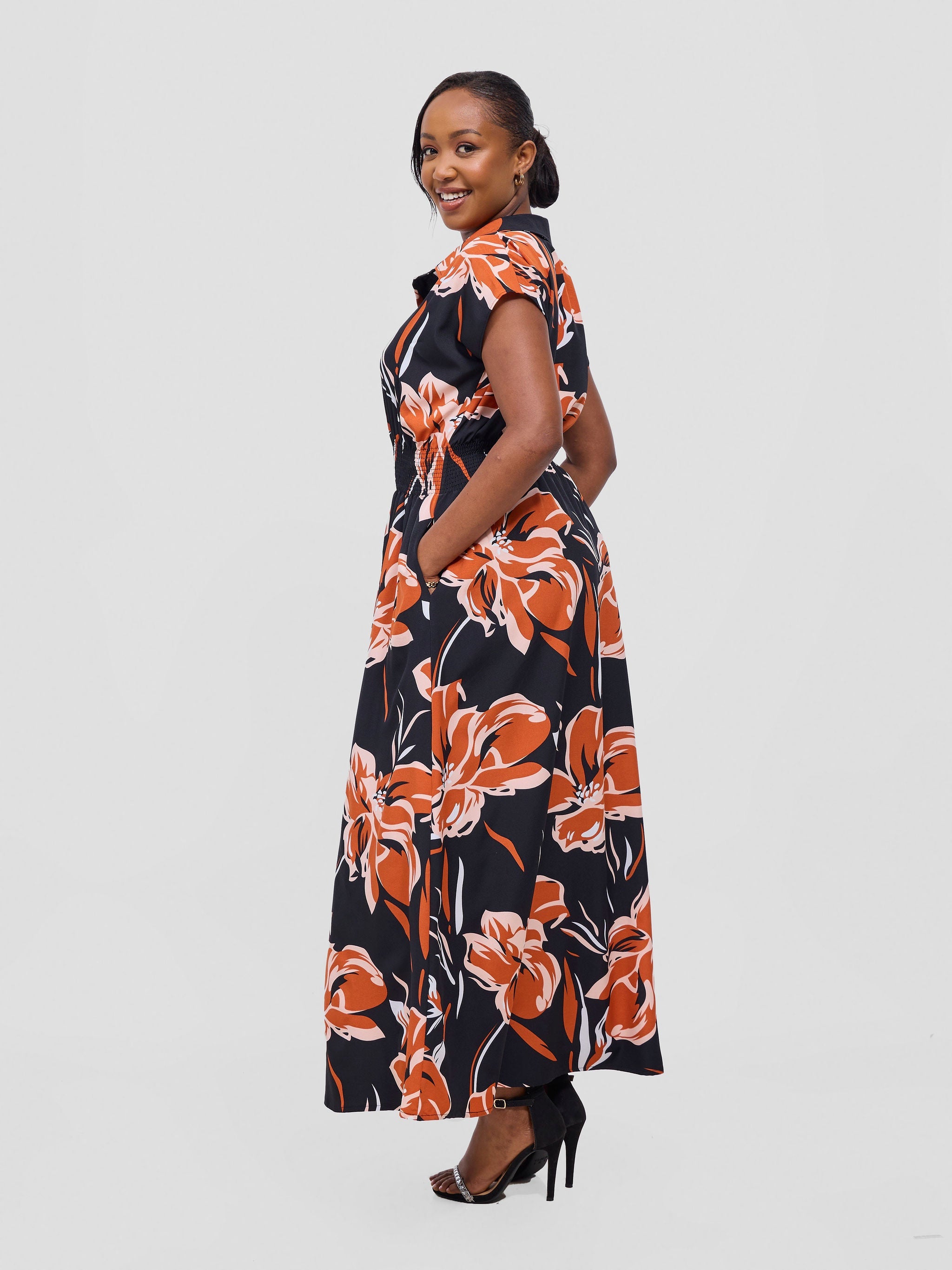 Vivo Zena Shirred Waist Maxi Shirt Dress - Rust Jazah Print