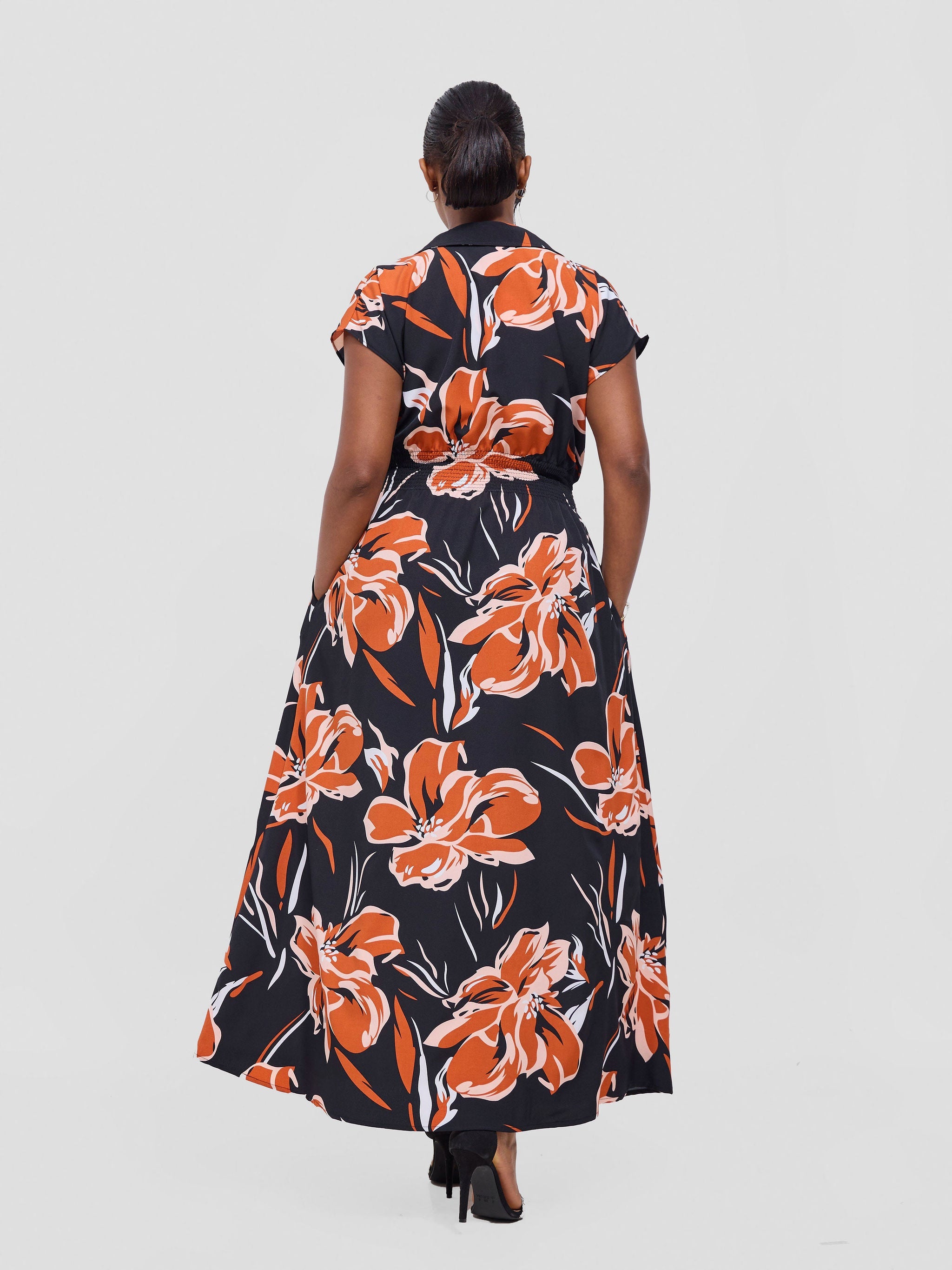 Vivo Zena Shirred Waist Maxi Shirt Dress - Rust Jazah Print