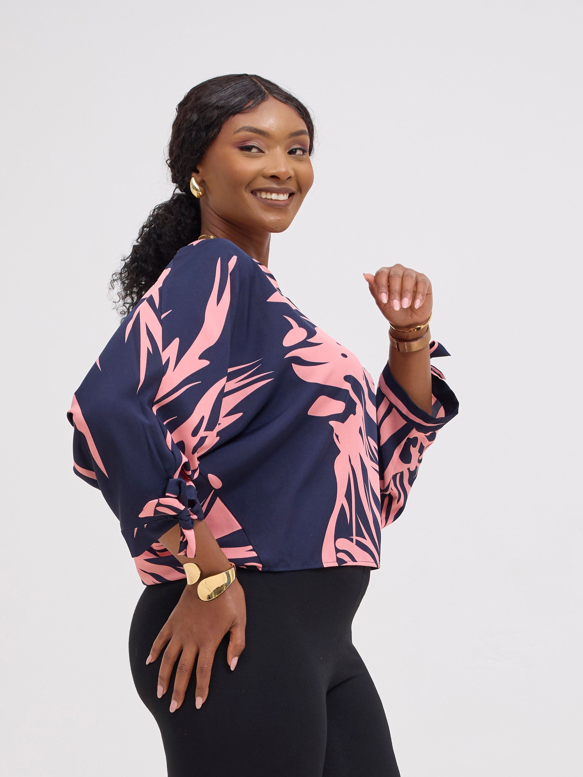 Vivo Sanali Batwing Tie Top - Pink / Navy Print