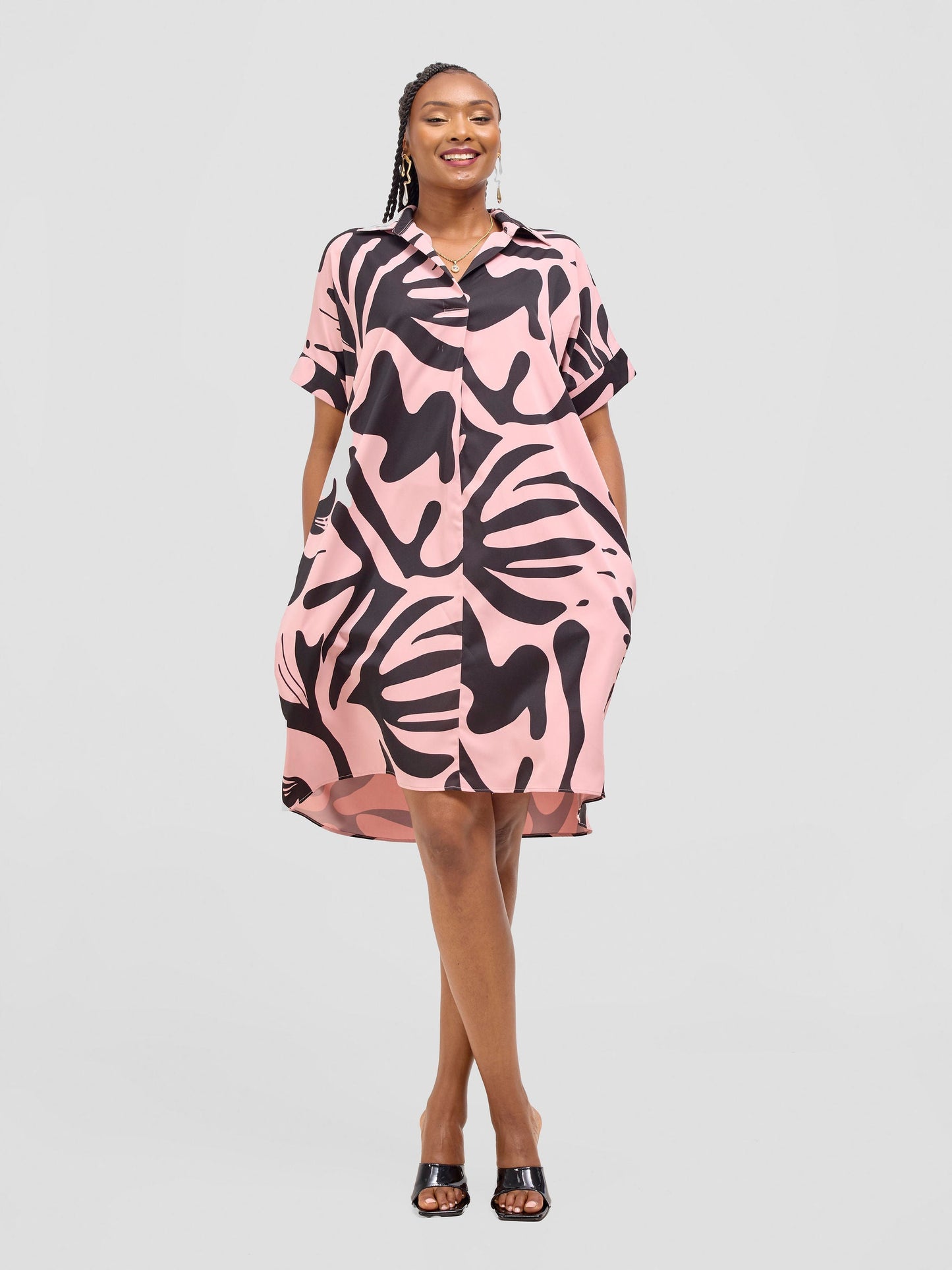 Vivo Reba Drop Shoulder Shirt Dress  - Peach / Black Zari print