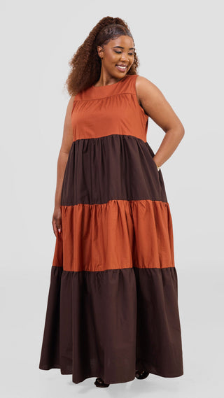 Safari Solana Sleeveless Tiered Maxi Dress - Rust / Chocolate