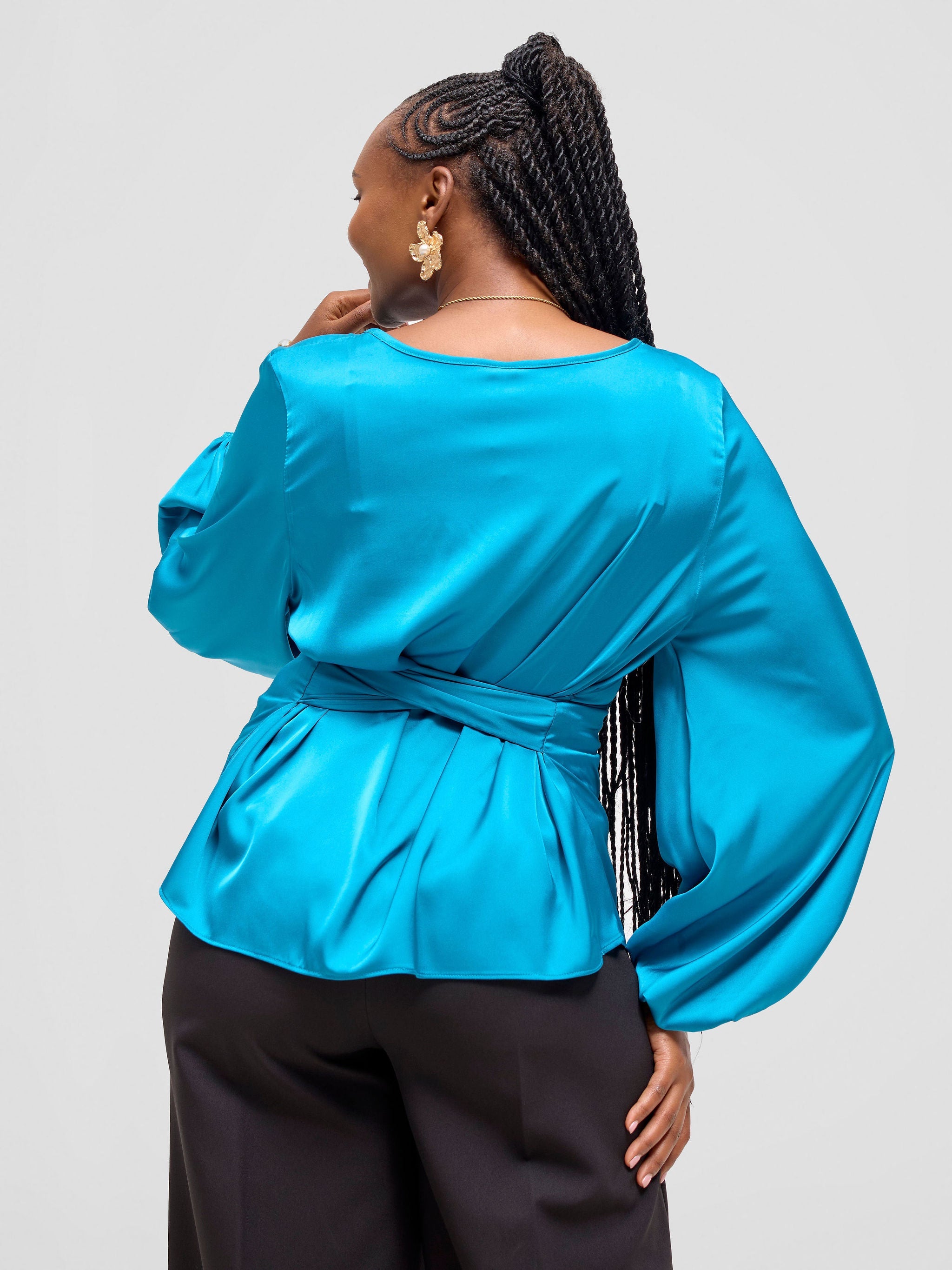 Vivo Basic Izzy Satin Bishop Sleeve Top - Teal