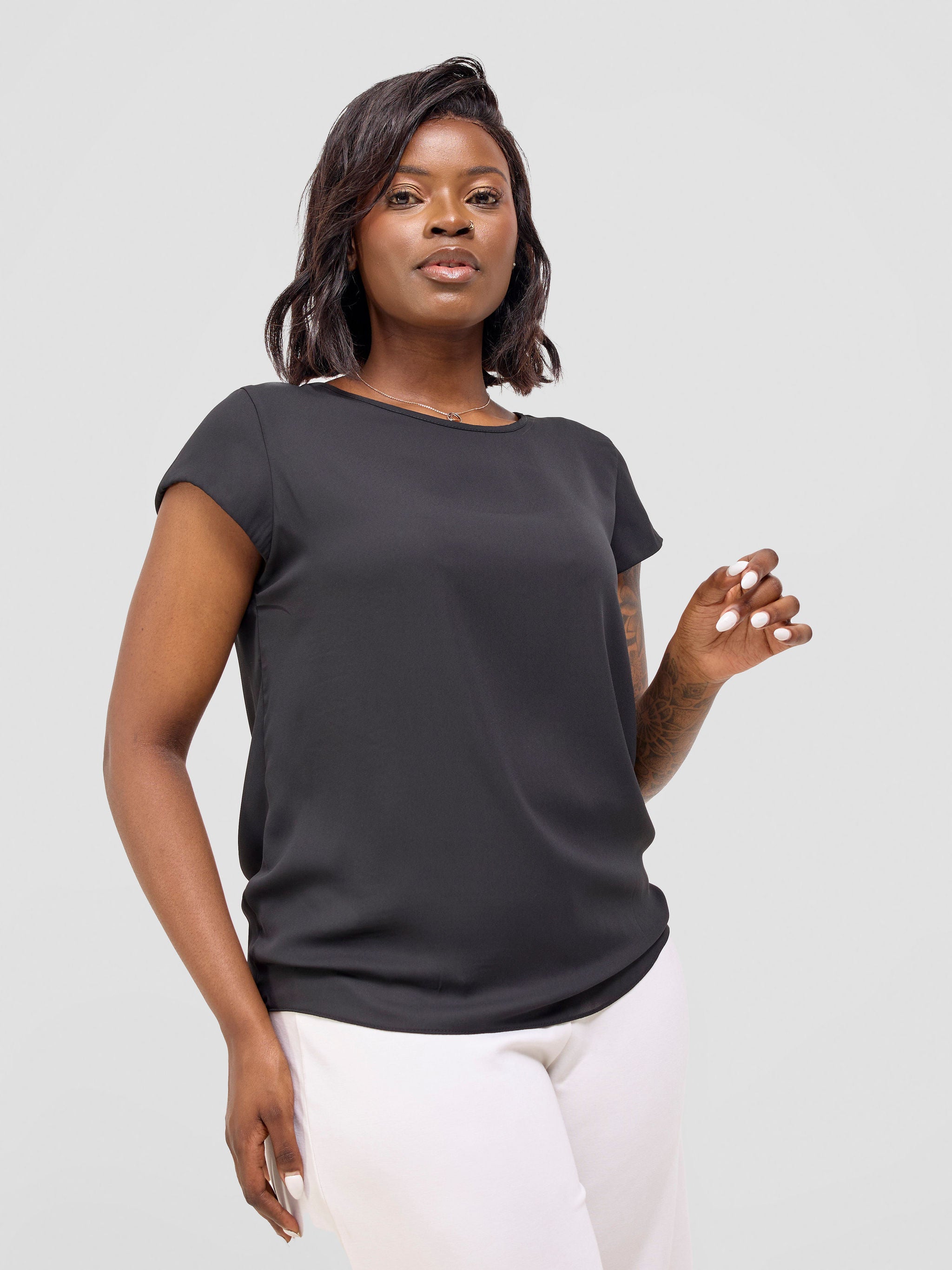 Vivo Basic Chiffon Cap Sleeve Top (Double Layered) - Black