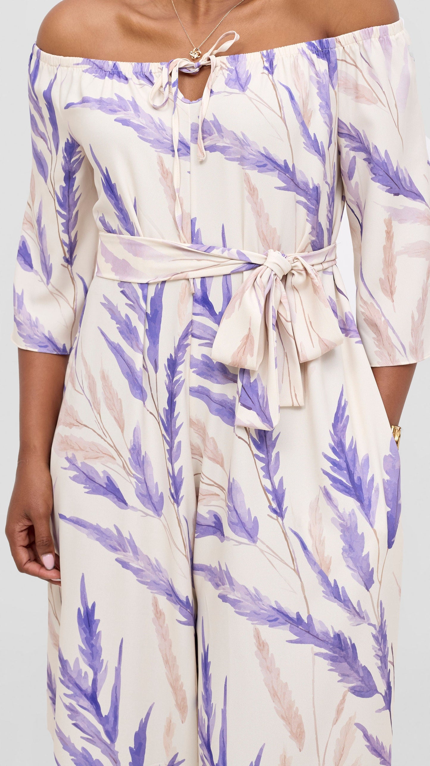 Vivo Zahari 3/4 Sleeve Off Shoulder Jumpsuit - Purple / Cream Rubi Print