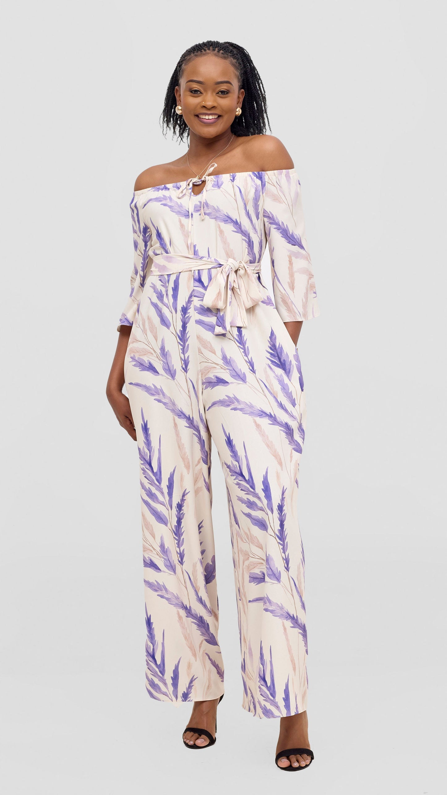 Vivo Zahari 3/4 Sleeve Off Shoulder Jumpsuit - Purple / Cream Rubi Print