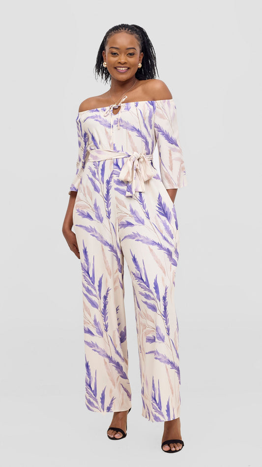Vivo Zahari 3/4 Sleeve Off Shoulder Jumpsuit - Purple / Cream Rubi Print