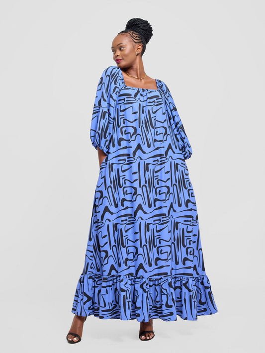 Vivo Serwa Square Neck Maxi Dress - Blue / Black Sera Print