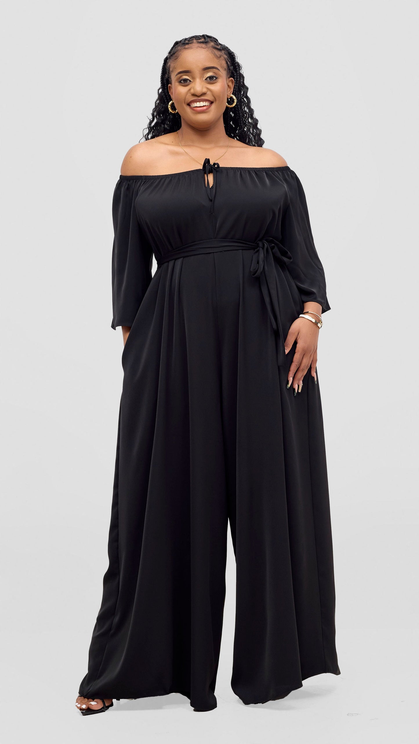 Vivo Zahari 3/4 Sleeve Off-Shoulder Jumpsuit - Black