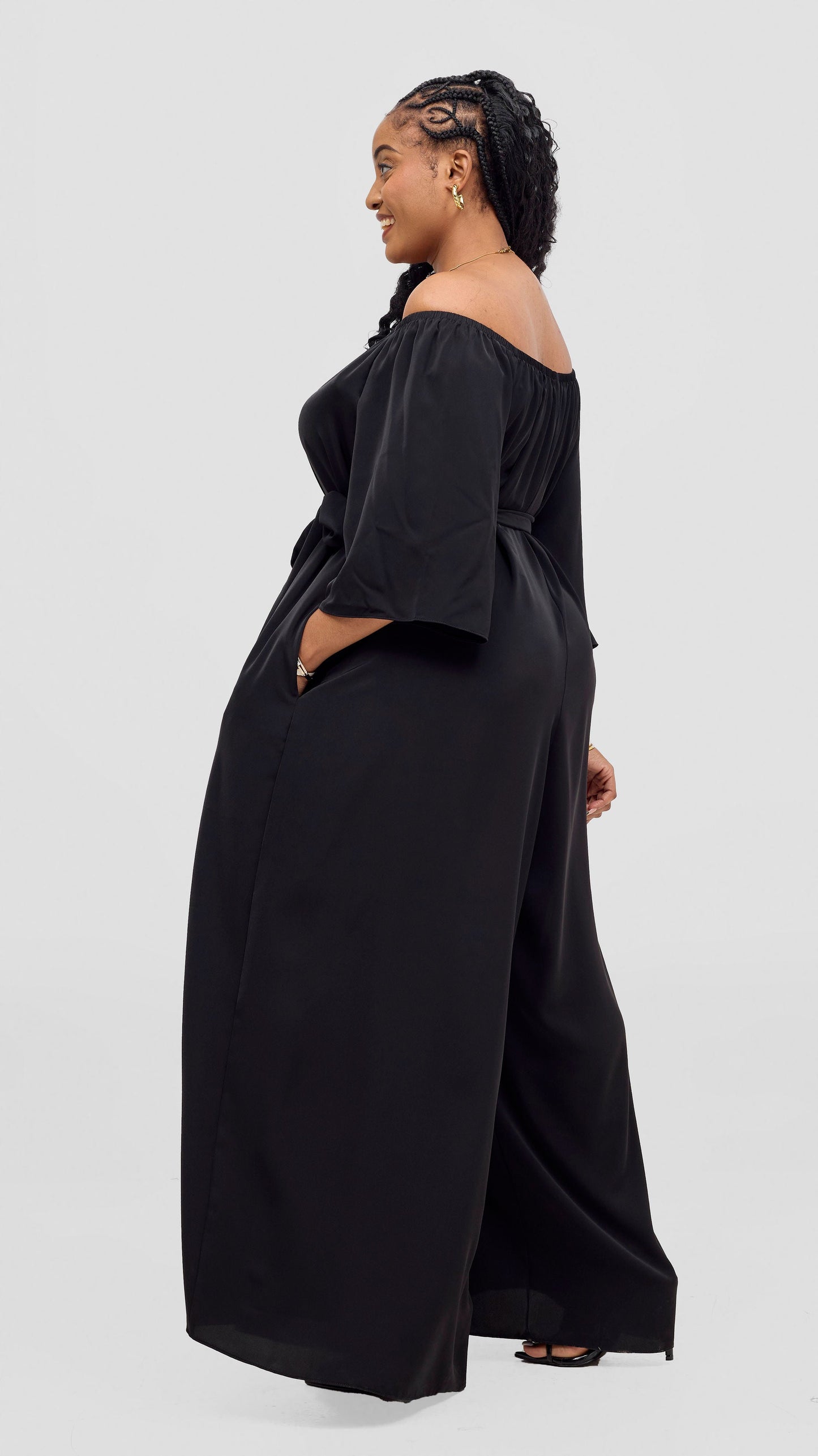 Vivo Zahari 3/4 Sleeve Off-Shoulder Jumpsuit - Black