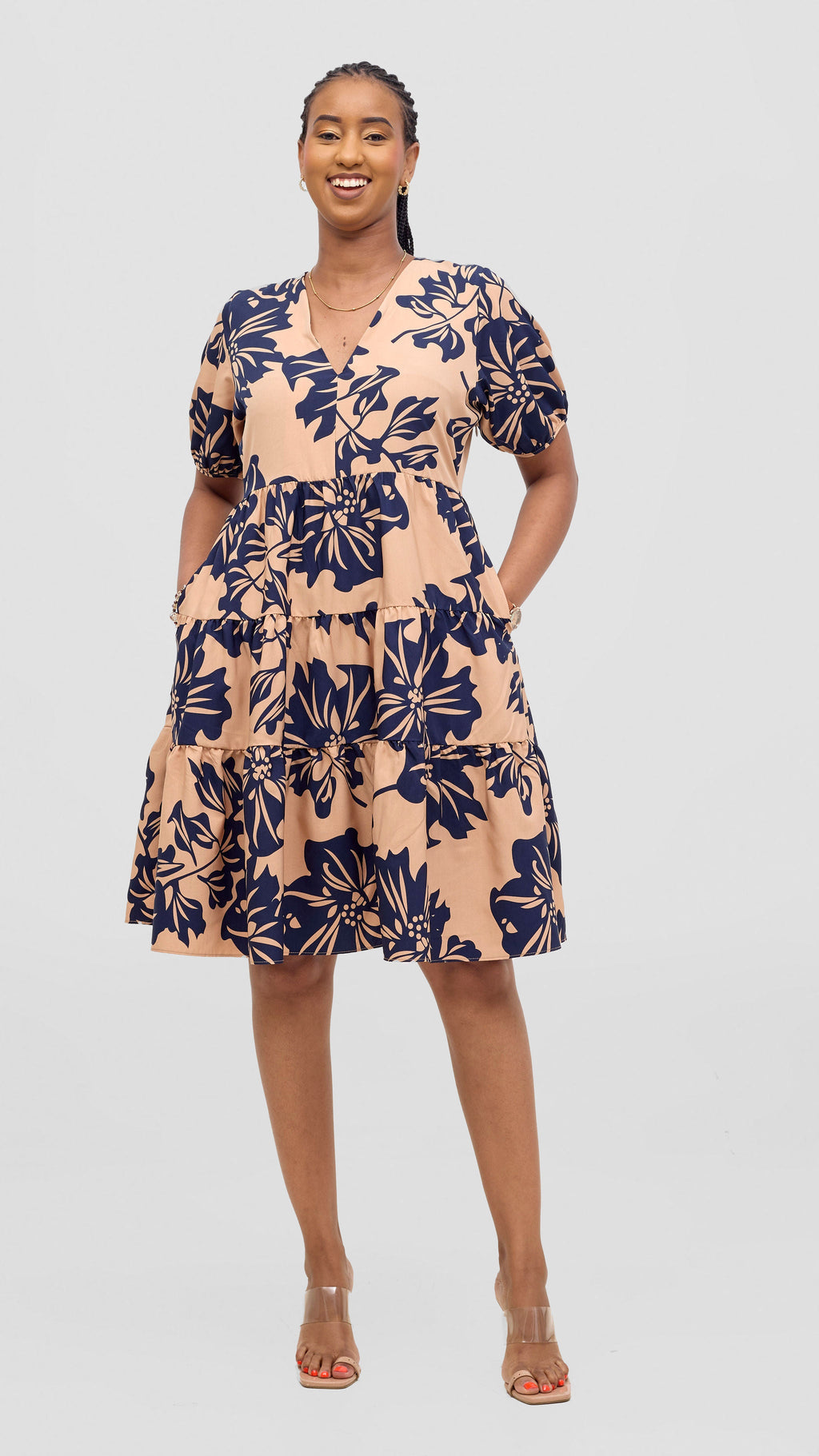 Vivo Wingu Three Tiered Knee Length Dress - Brown / Cream Print