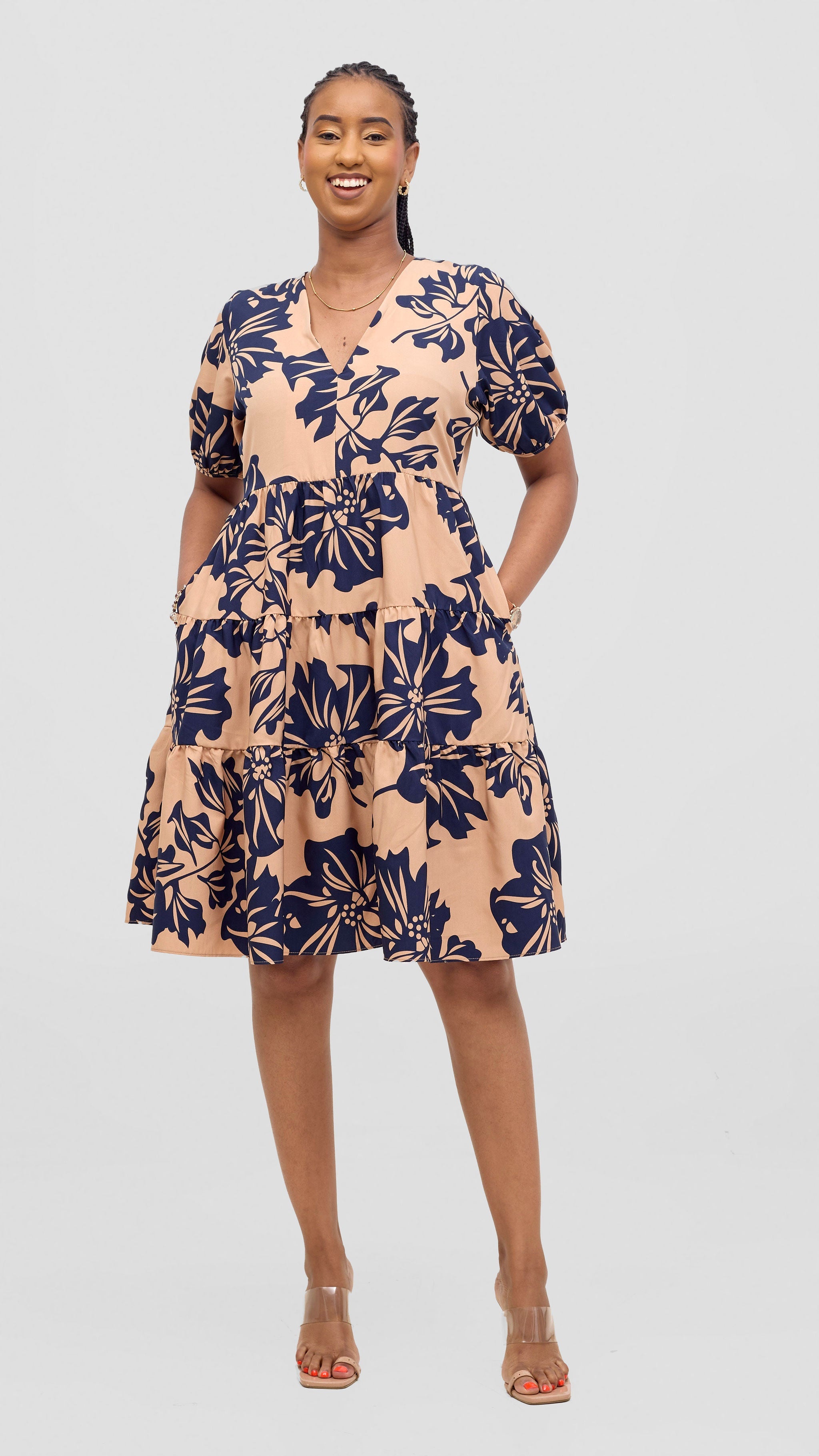 Vivo Wingu Three Tiered Knee Length Dress - Brown / Cream Print