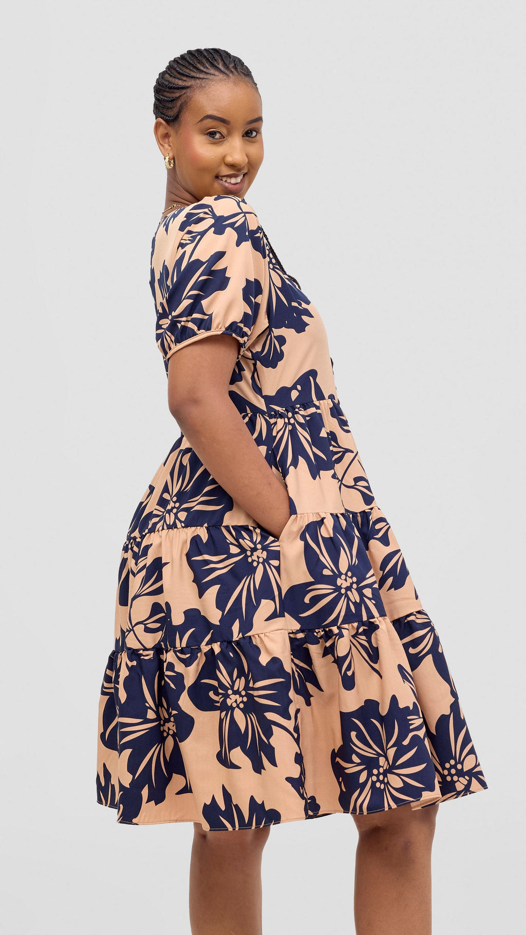 Vivo Wingu Three Tiered Knee Length Dress - Brown / Cream Print