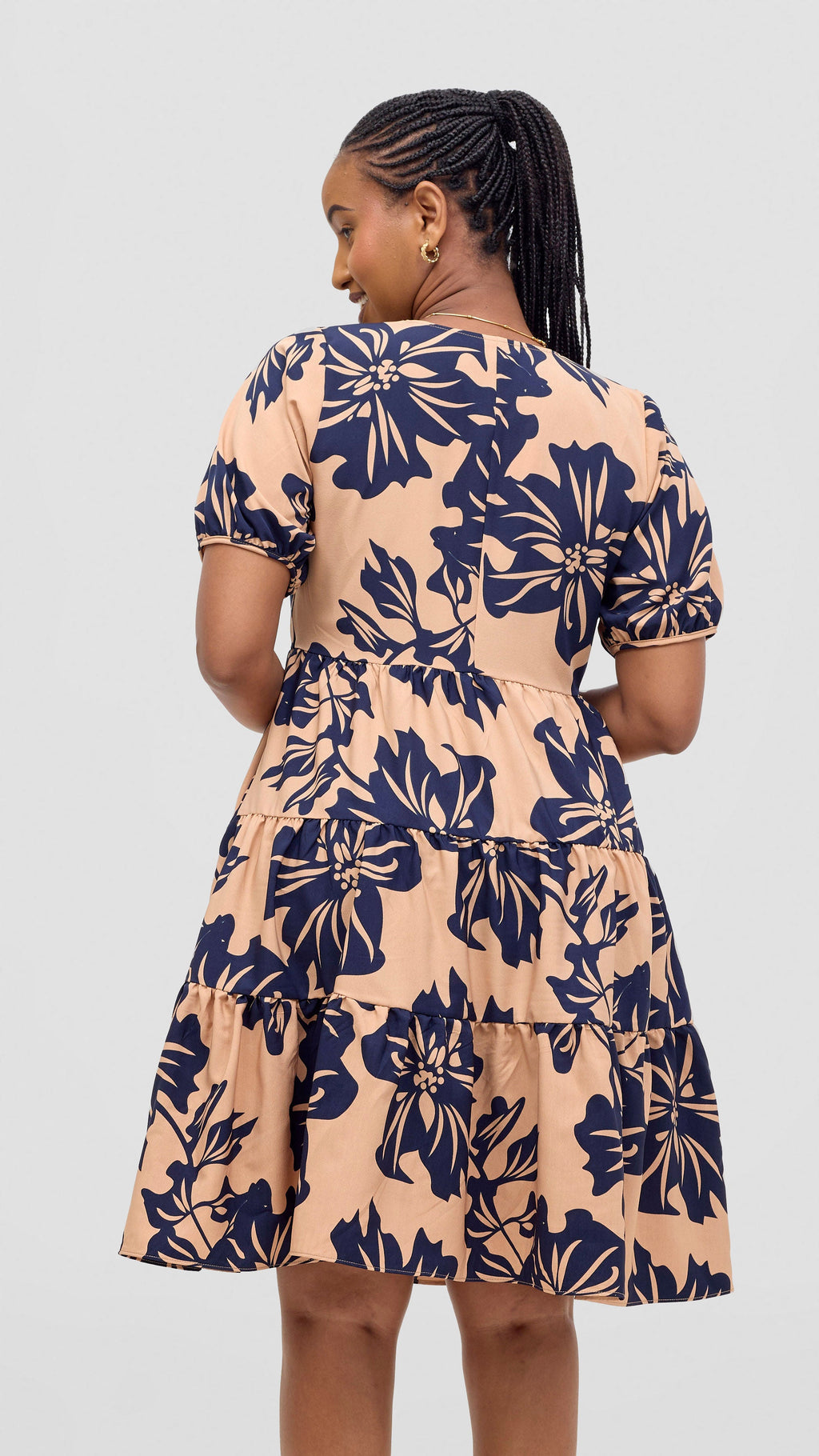 Vivo Wingu Three Tiered Knee Length Dress - Brown / Cream Print