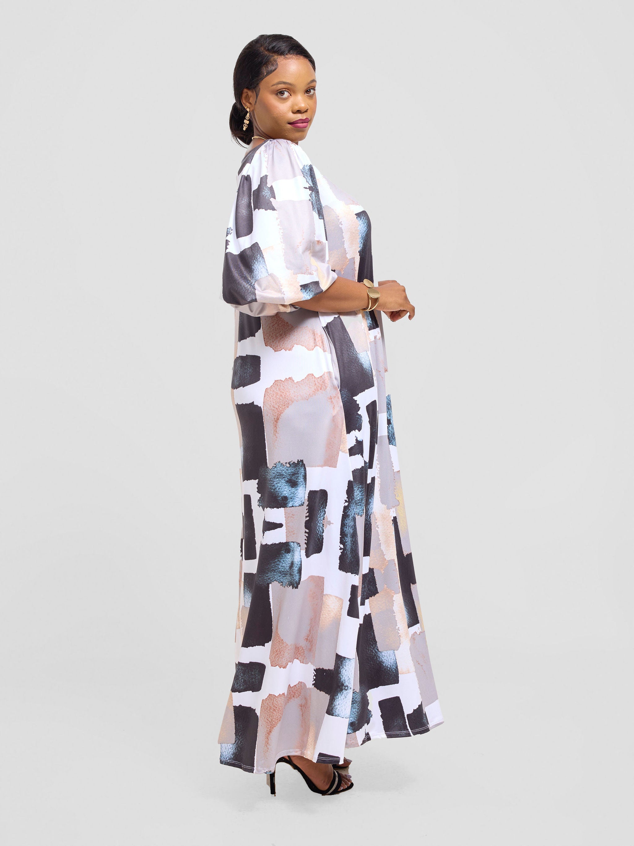 Vivo Nkasi Bubble Sleeve Maxi Dress - Taupe / Black Wenzi Print