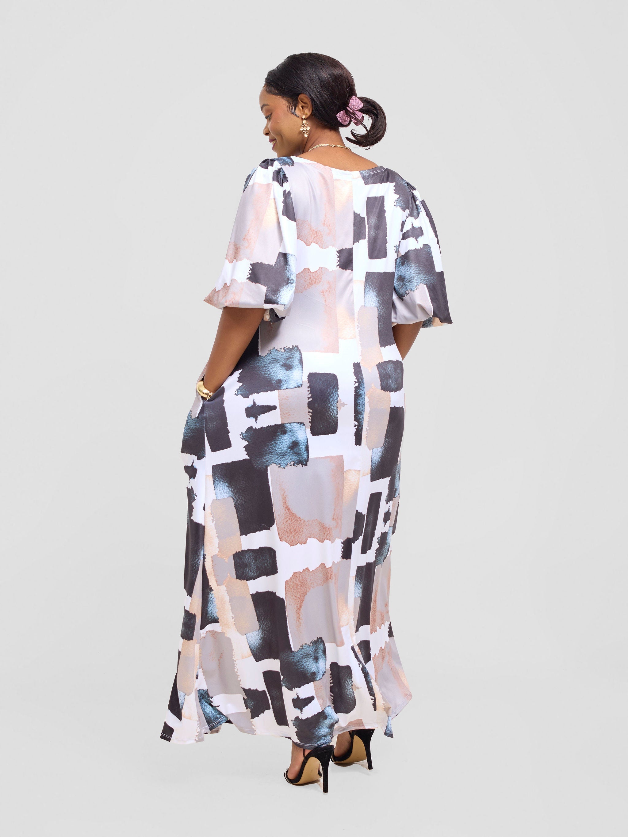 Vivo Nkasi Bubble Sleeve Maxi Dress - Taupe / Black Wenzi Print